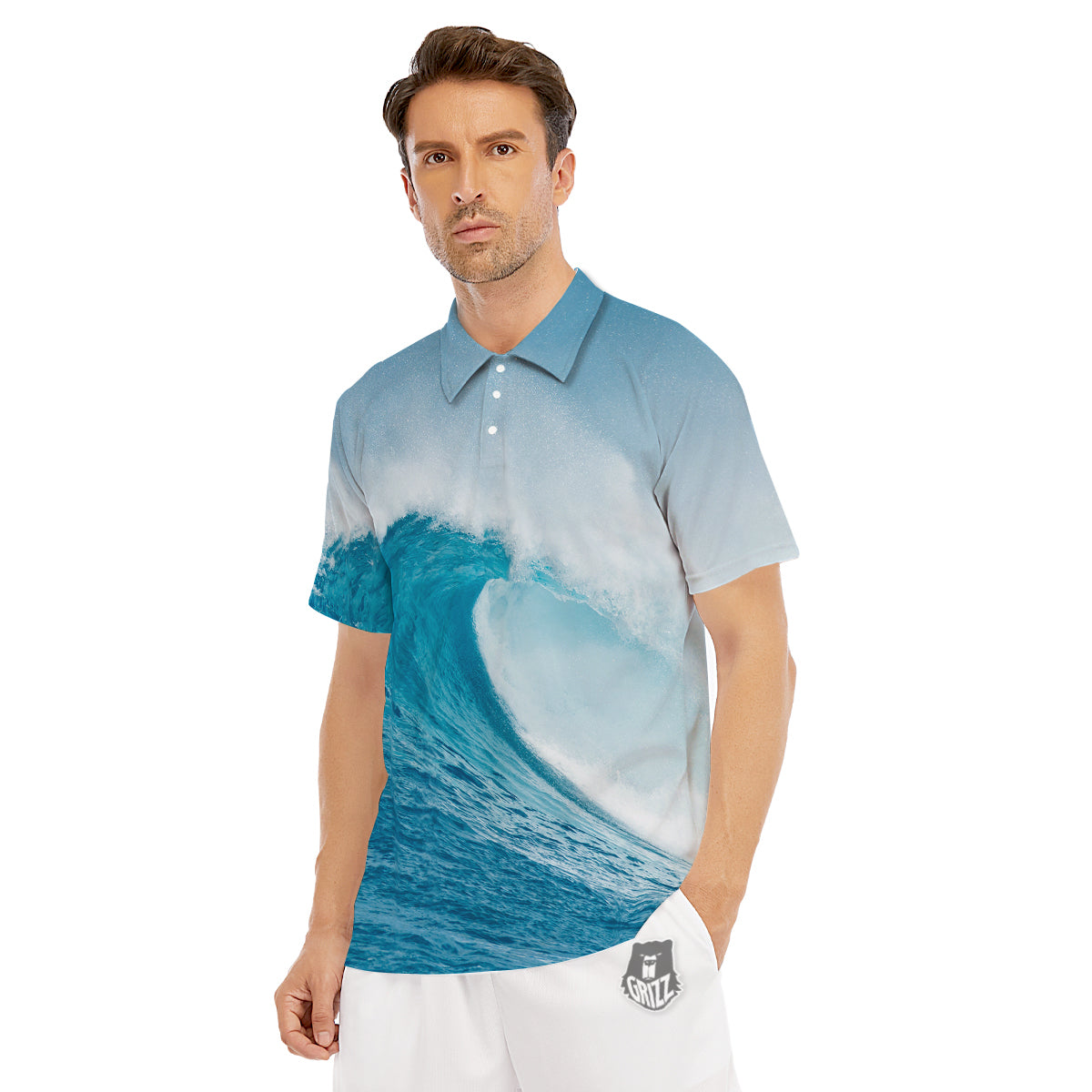 Blue Ocean Wave Print Men's Golf Shirts-grizzshop