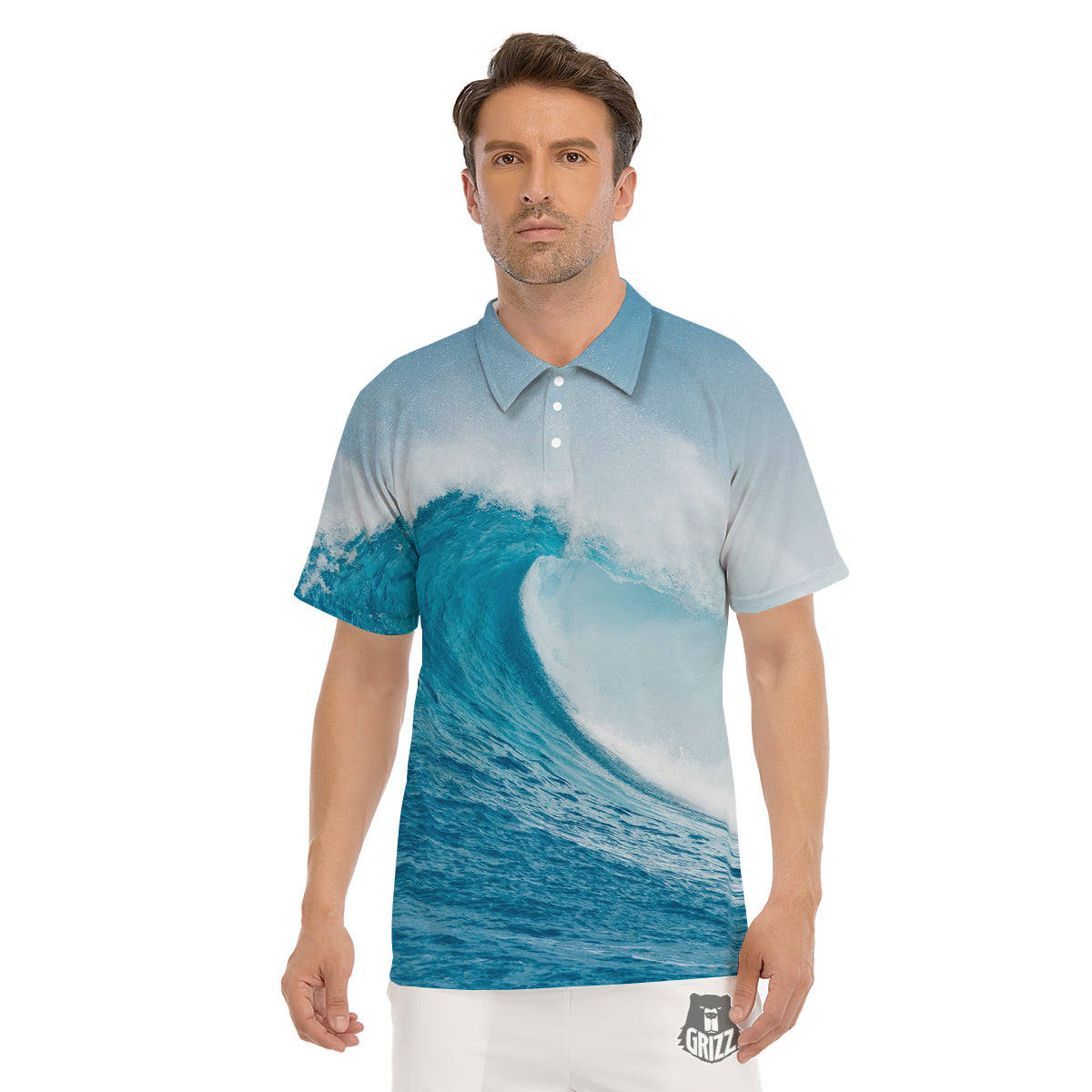 Blue Ocean Wave Print Men's Golf Shirts-grizzshop