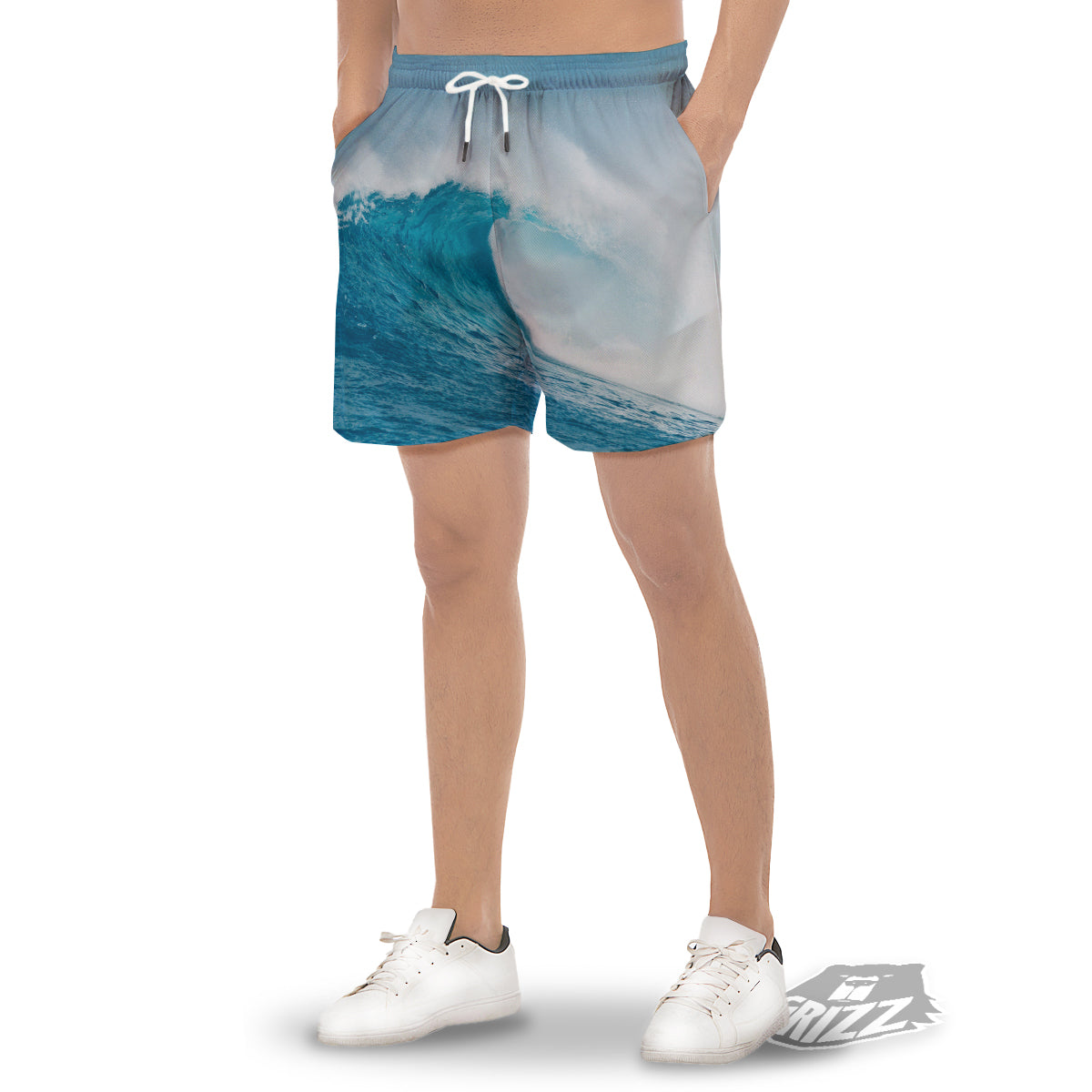 Blue Ocean Wave Print Men's Gym Shorts-grizzshop