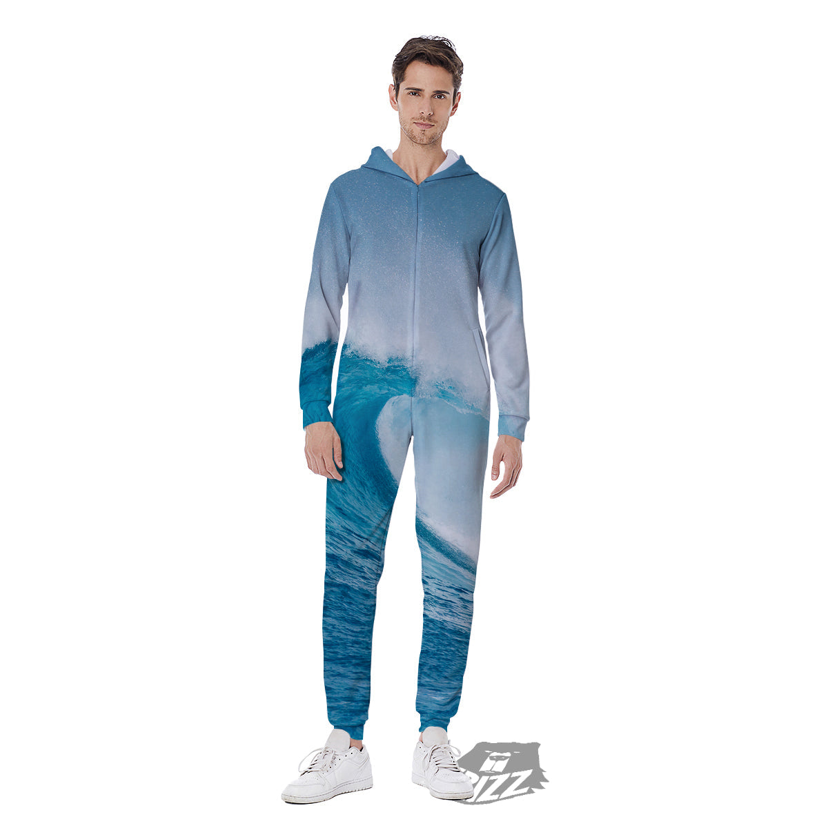 Blue Ocean Wave Print Men's Jumpsuit-grizzshop
