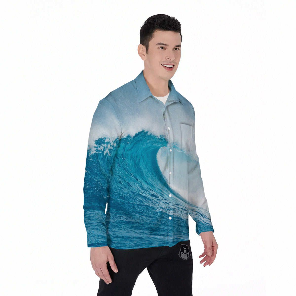 Blue Ocean Wave Print Men's Long Sleeve Shirts-grizzshop