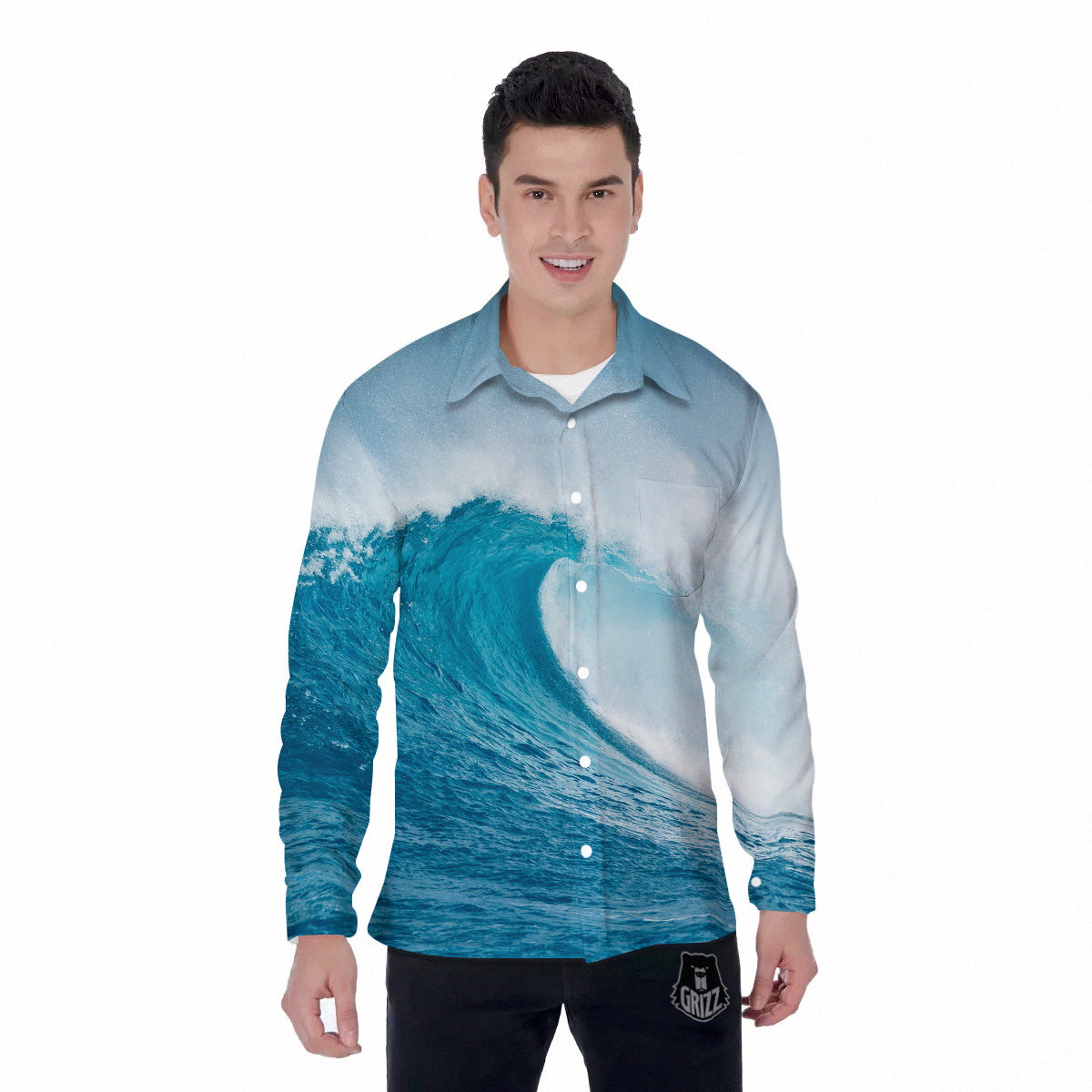 Blue Ocean Wave Print Men's Long Sleeve Shirts-grizzshop