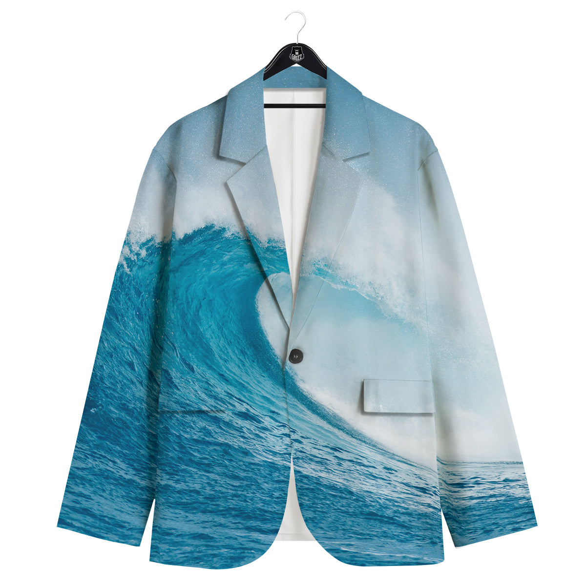 Blue Ocean Wave Print Men's Sport Coat-grizzshop