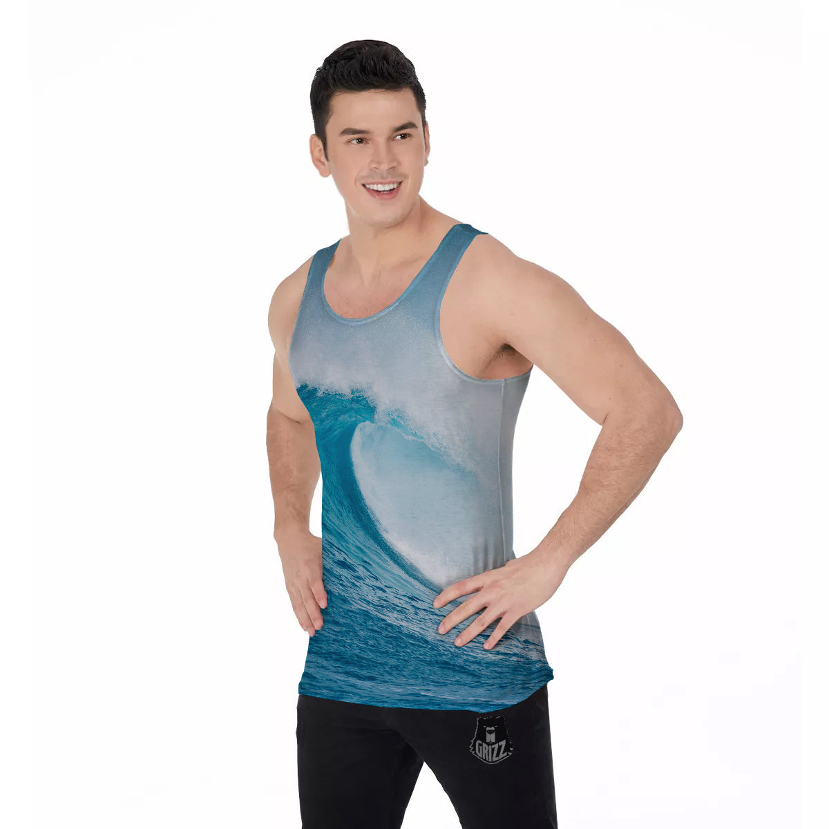 Blue Ocean Wave Print Men's Tank Top-grizzshop