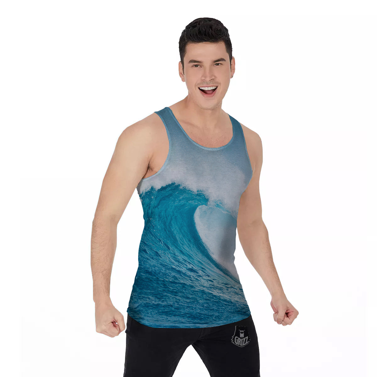 Blue Ocean Wave Print Men's Tank Top-grizzshop