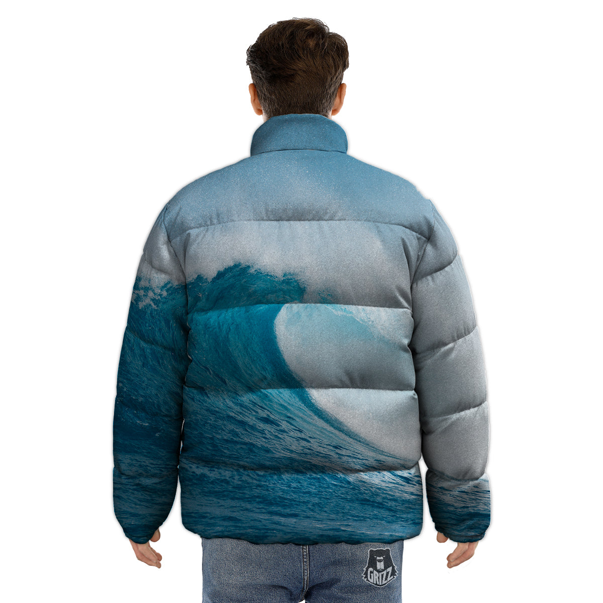 Blue Ocean Wave Print Puffer Jacket-grizzshop