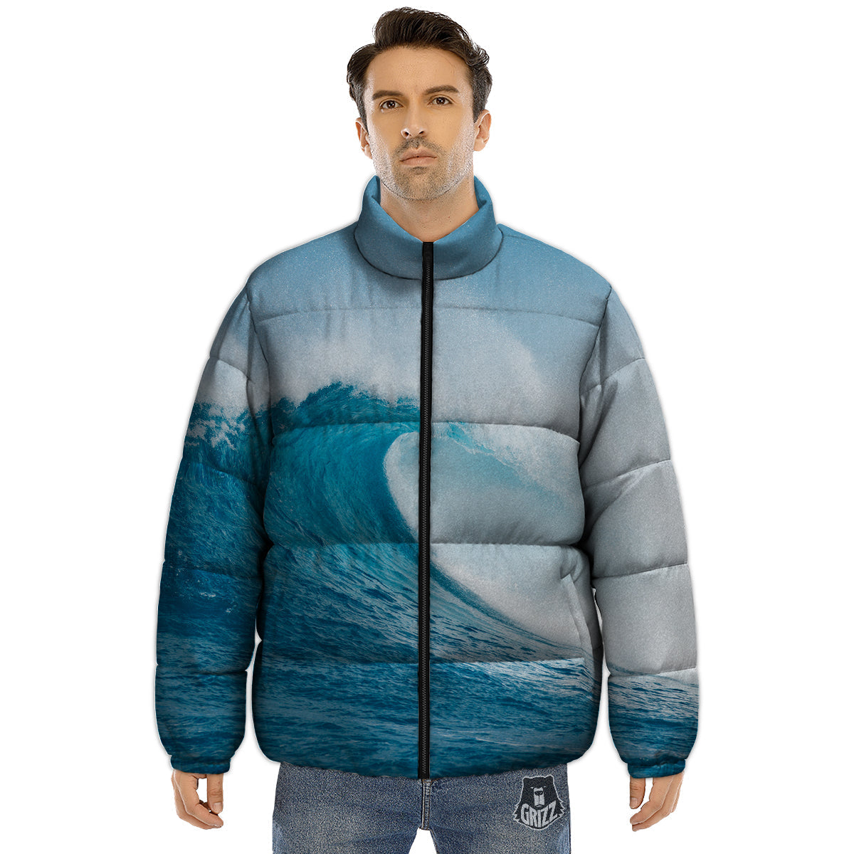 Blue Ocean Wave Print Puffer Jacket-grizzshop