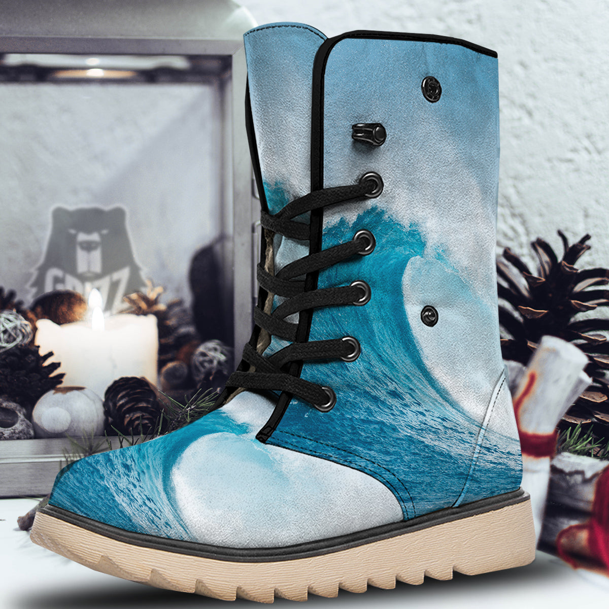Blue Ocean Wave Print Snow Boots-grizzshop