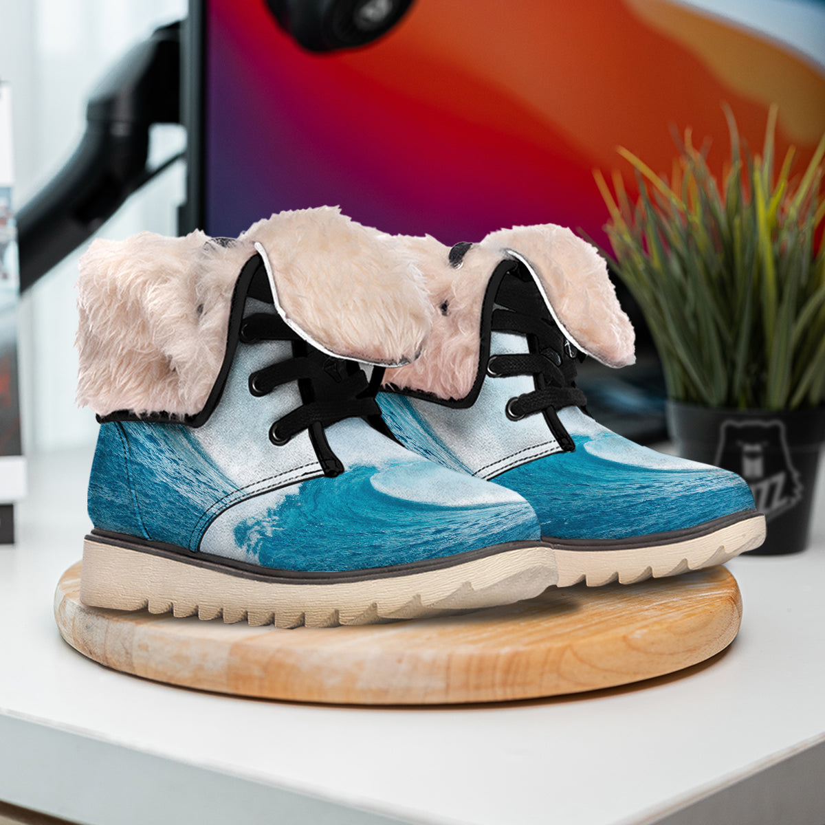 Blue Ocean Wave Print Snow Boots-grizzshop