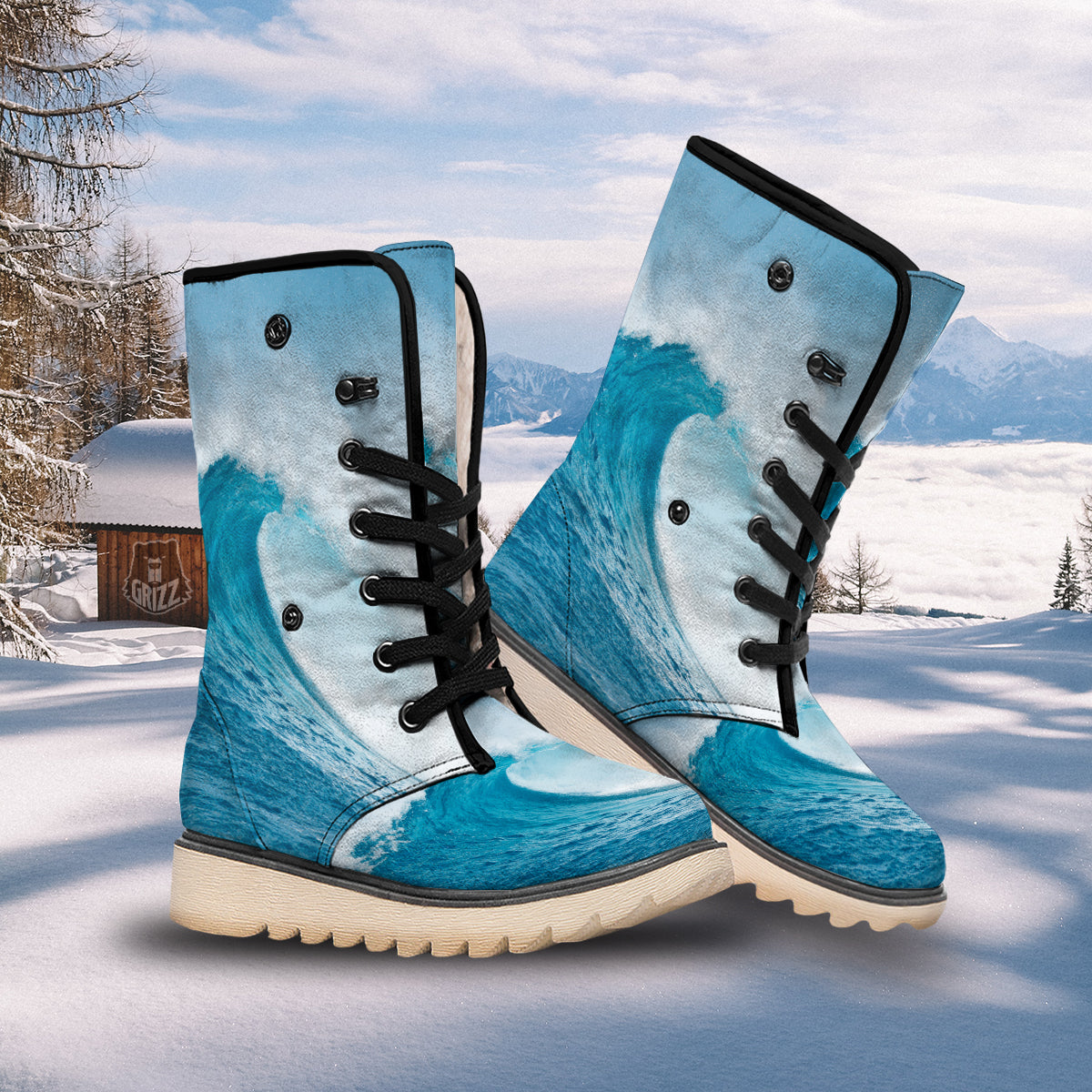Blue Ocean Wave Print Snow Boots-grizzshop