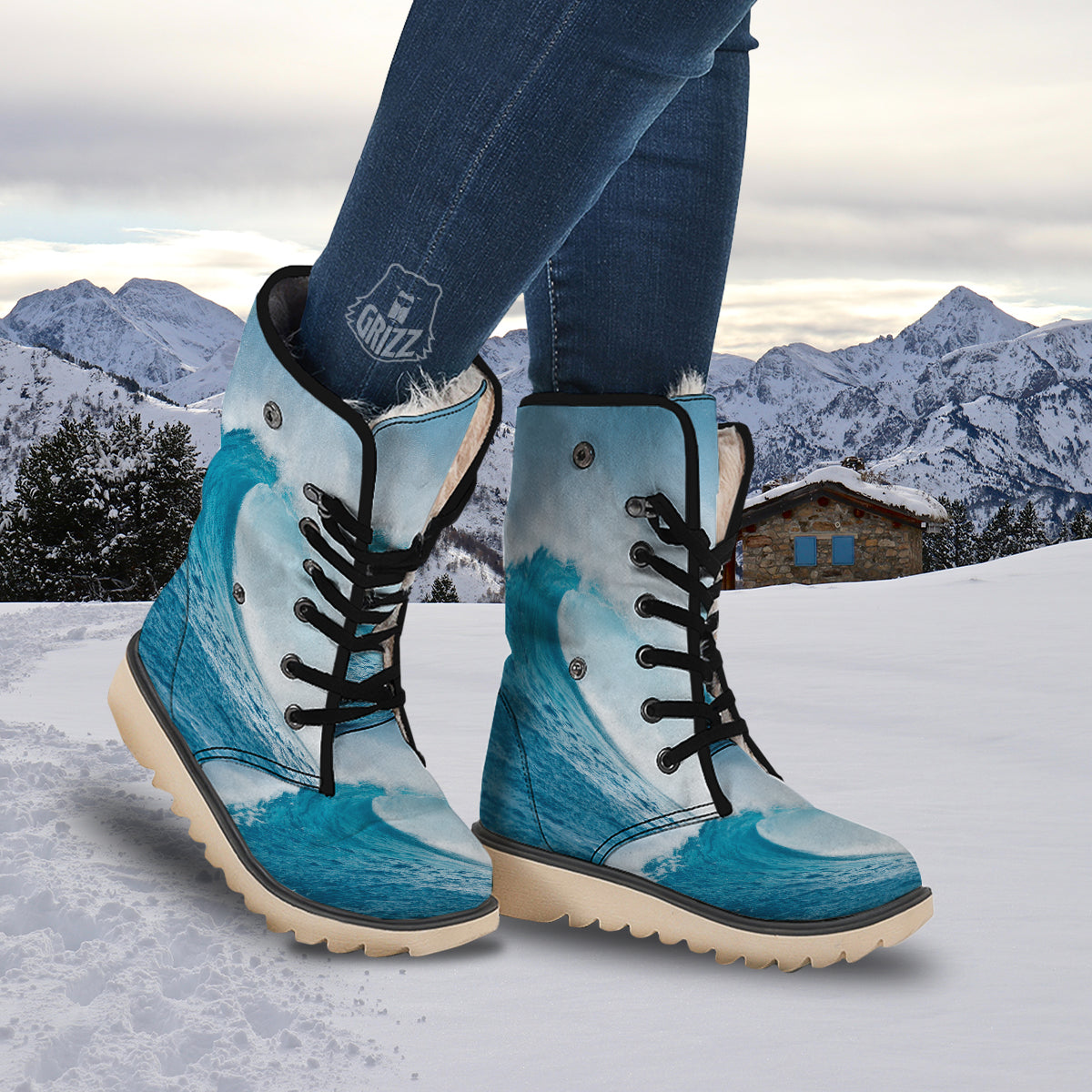 Blue Ocean Wave Print Snow Boots-grizzshop