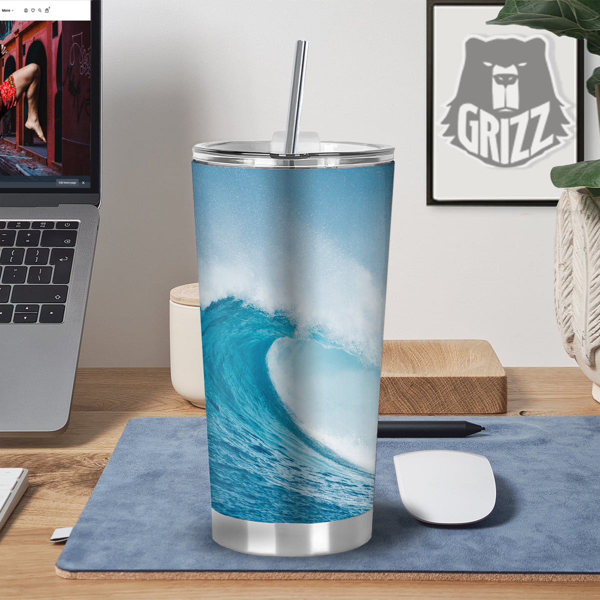 Blue Ocean Wave Print Tumbler-grizzshop