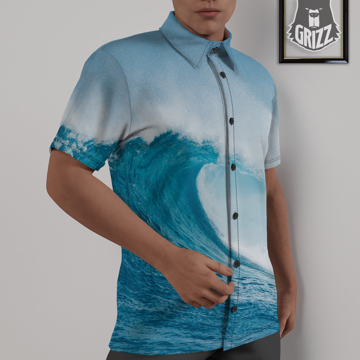 Blue Ocean Wave Print Untucked Shirts-grizzshop