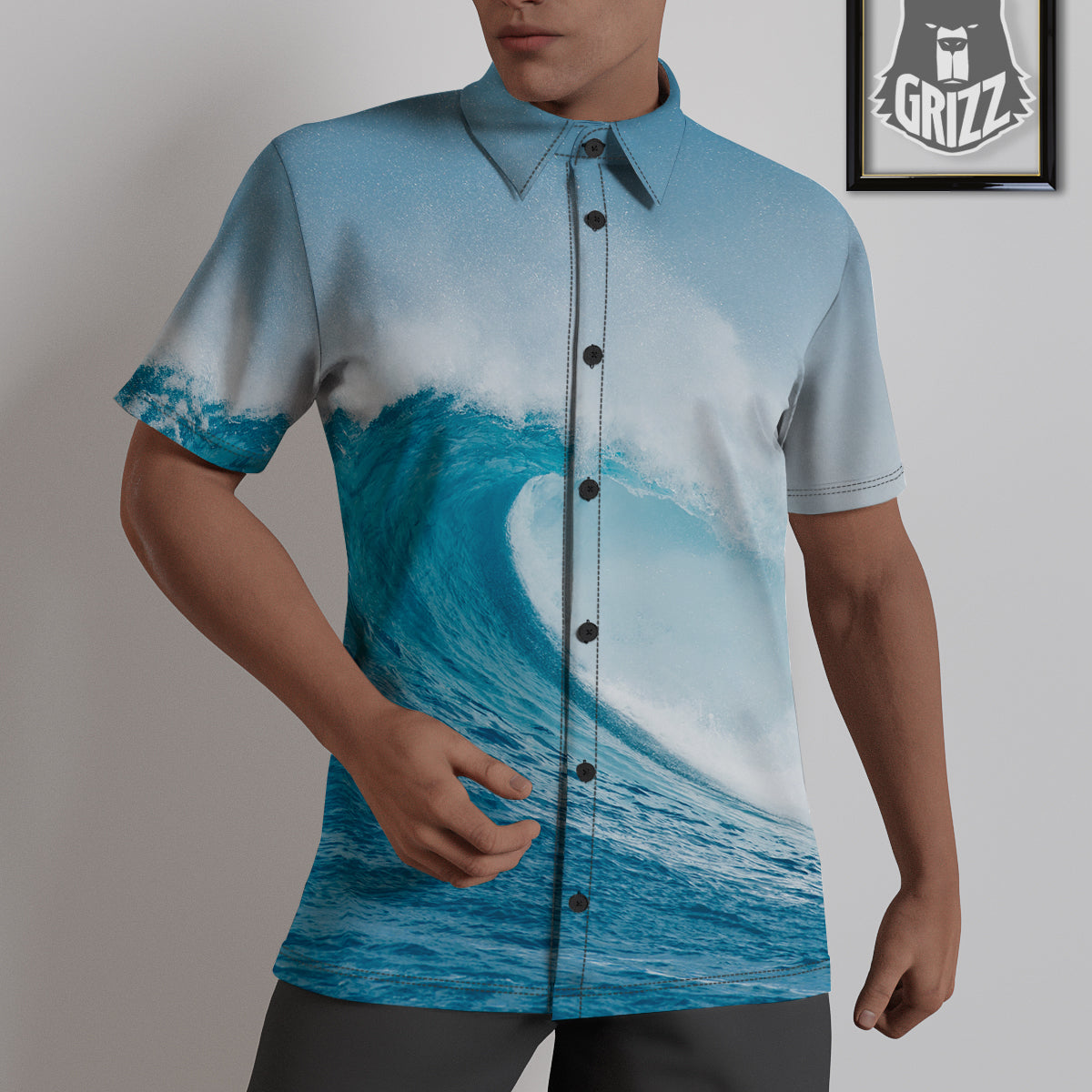 Blue Ocean Wave Print Untucked Shirts-grizzshop