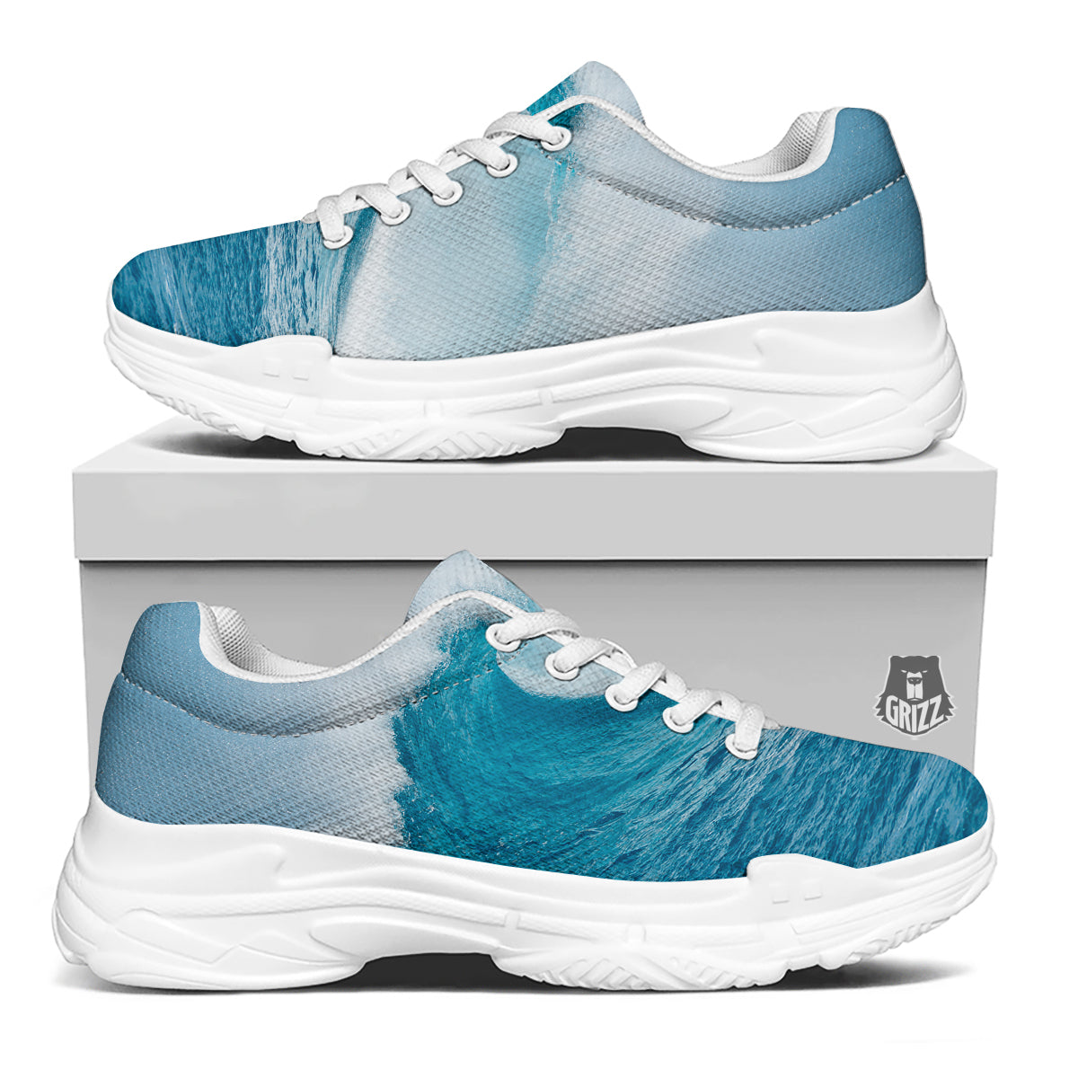 Blue Ocean Wave Print White Chunky Shoes-grizzshop