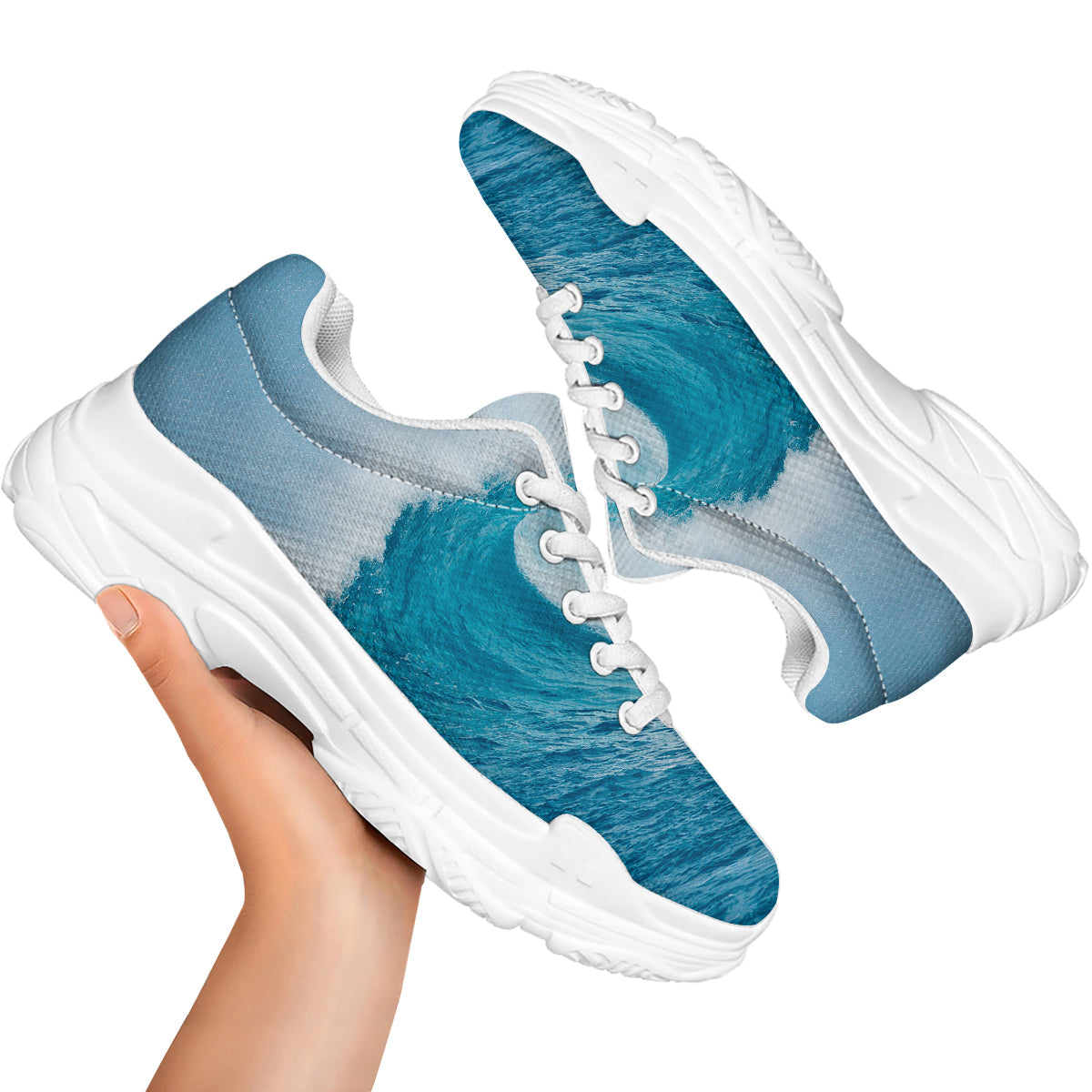 Blue Ocean Wave Print White Chunky Shoes-grizzshop