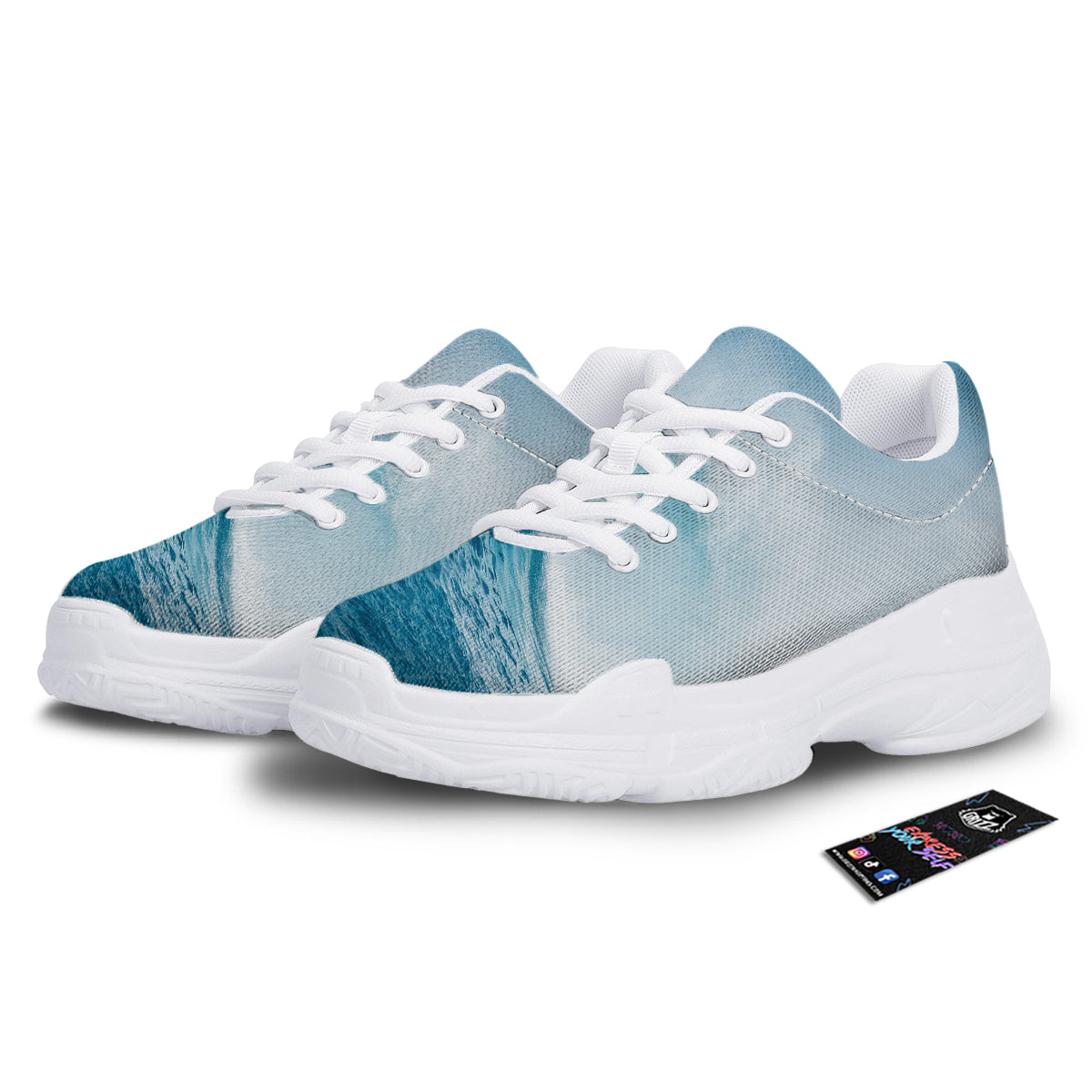 Blue Ocean Wave Print White Chunky Shoes-grizzshop