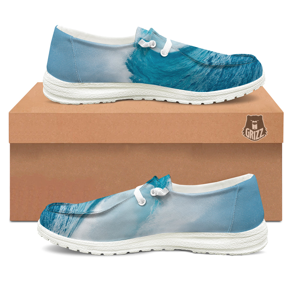 Blue Ocean Wave Print White Loafers-grizzshop