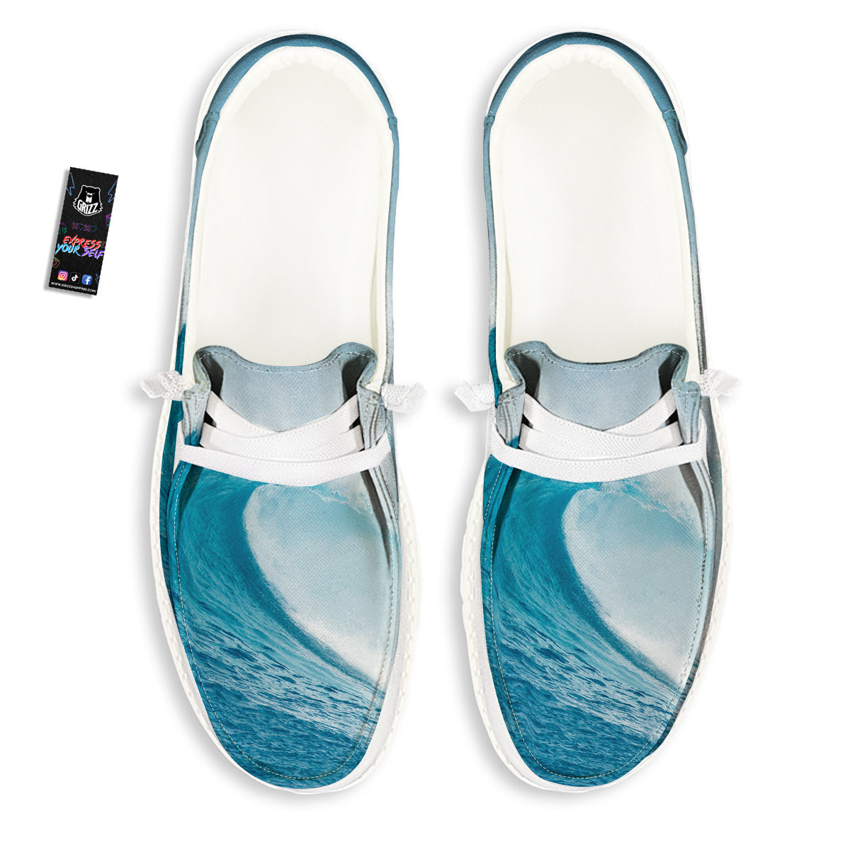 Blue Ocean Wave Print White Loafers-grizzshop