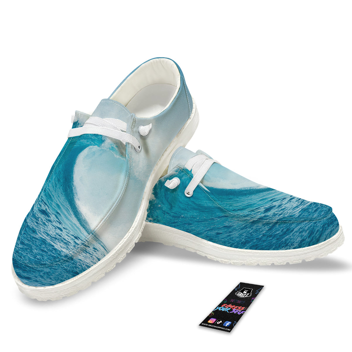 Blue Ocean Wave Print White Loafers-grizzshop