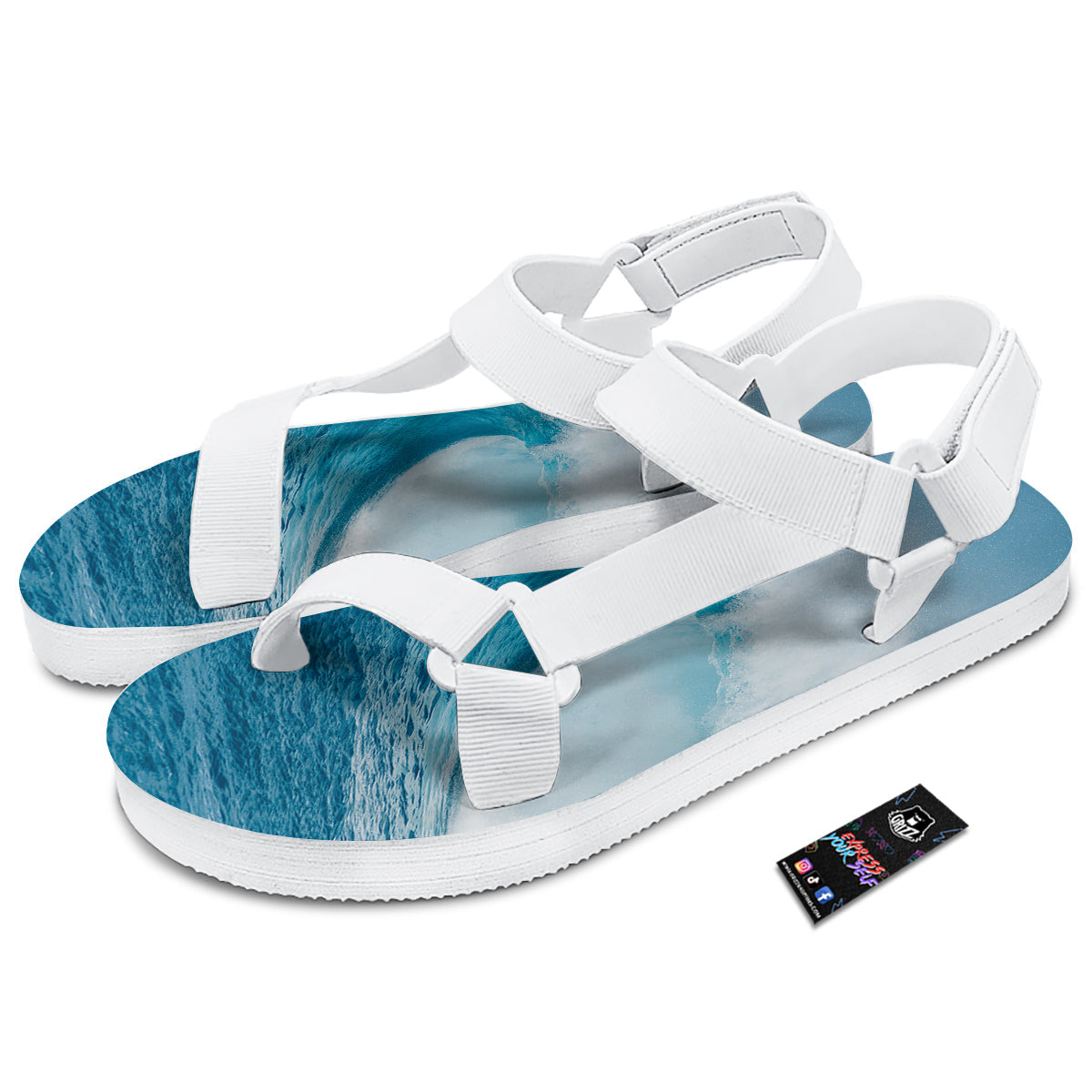 Blue Ocean Wave Print White Open Toe Sandals-grizzshop