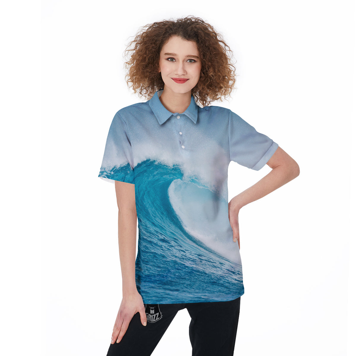 Blue Ocean Wave Print Women's Golf Shirts-grizzshop