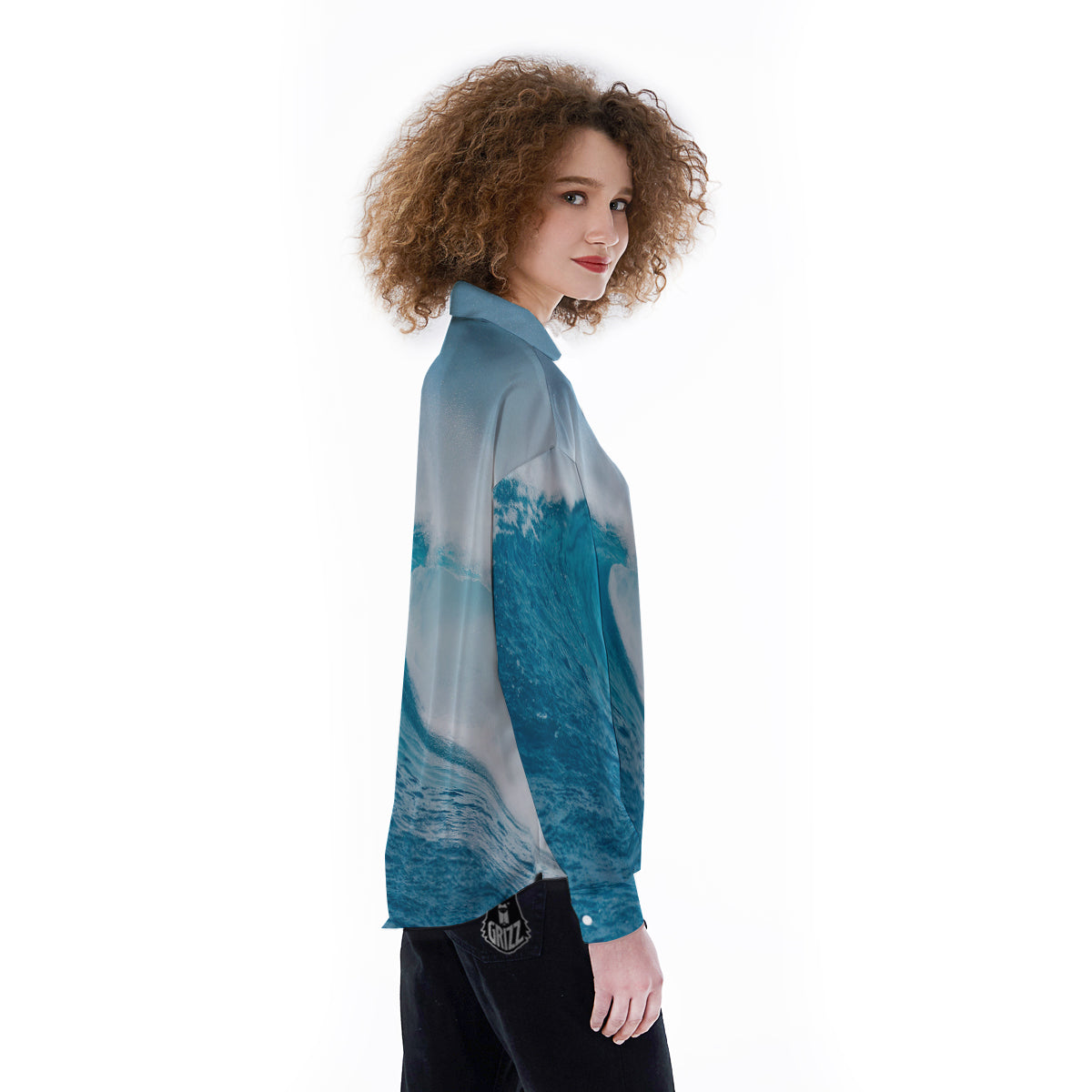 Blue Ocean Wave Print Women's Long Sleeve Shirts-grizzshop