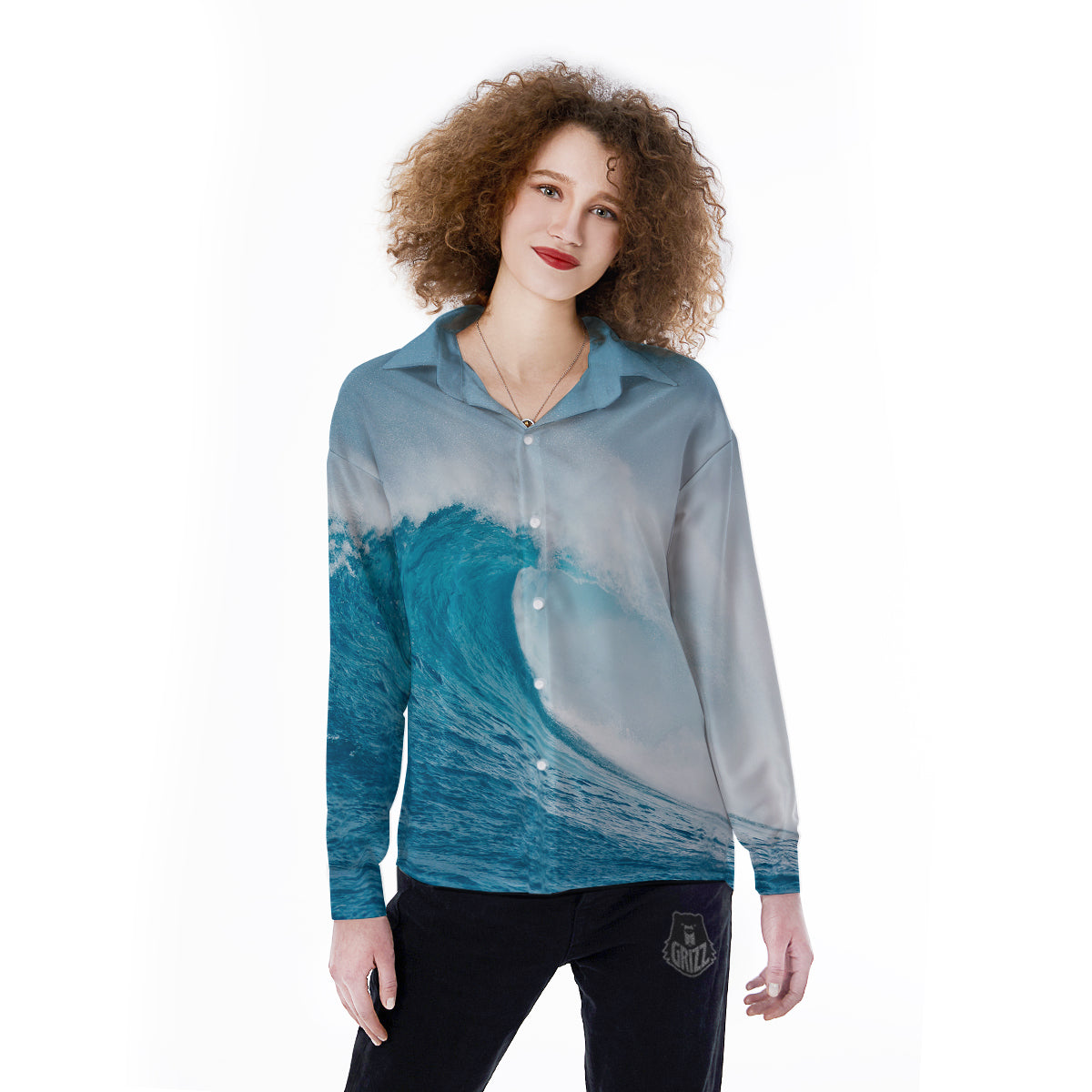 Blue Ocean Wave Print Women's Long Sleeve Shirts-grizzshop