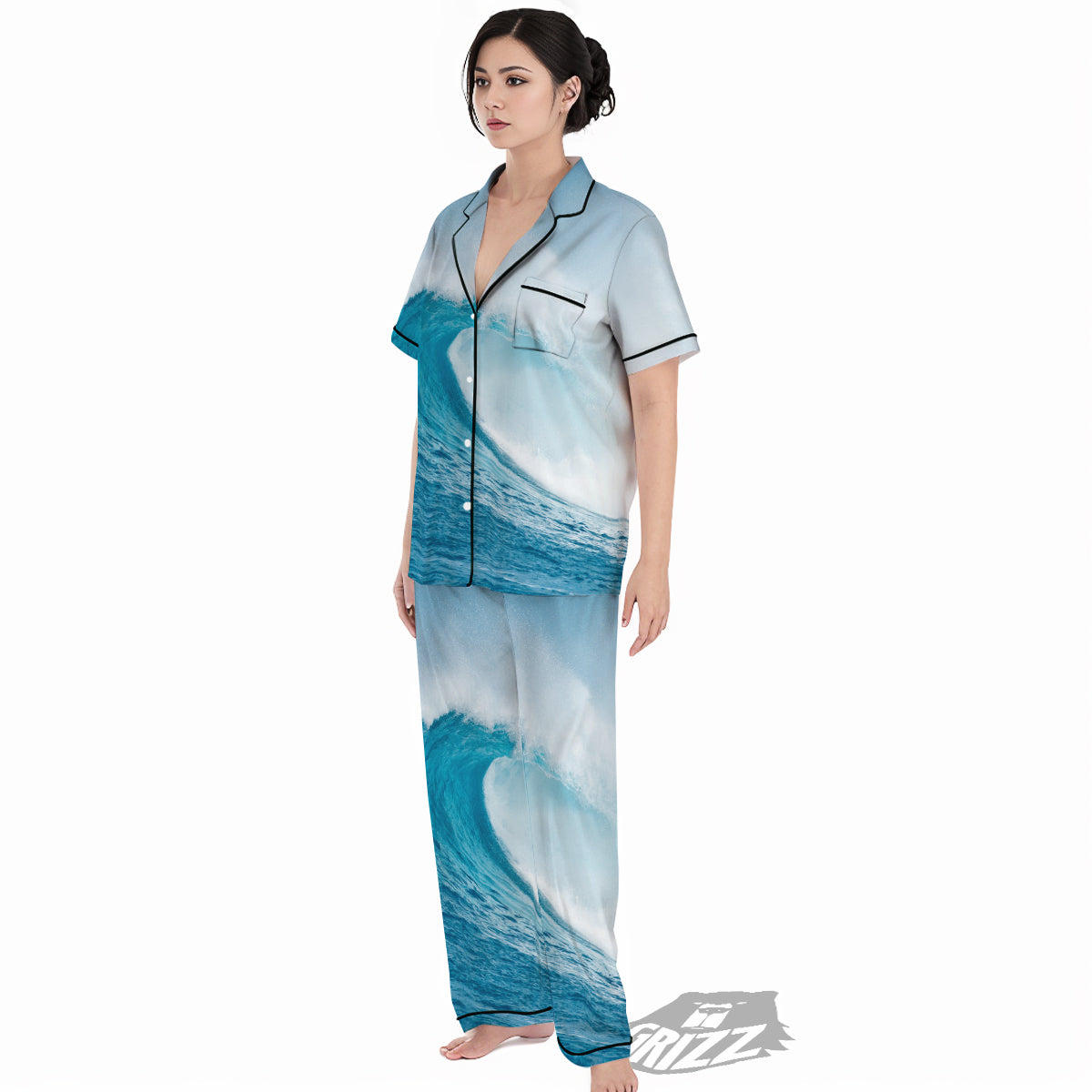 Blue Ocean Wave Print Women's Pajamas Set-grizzshop