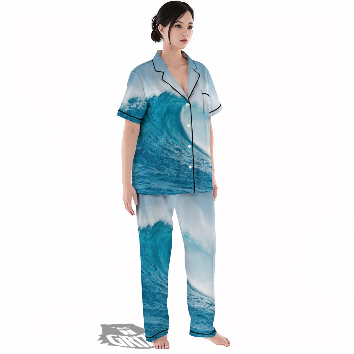 Blue Ocean Wave Print Women's Pajamas Set-grizzshop