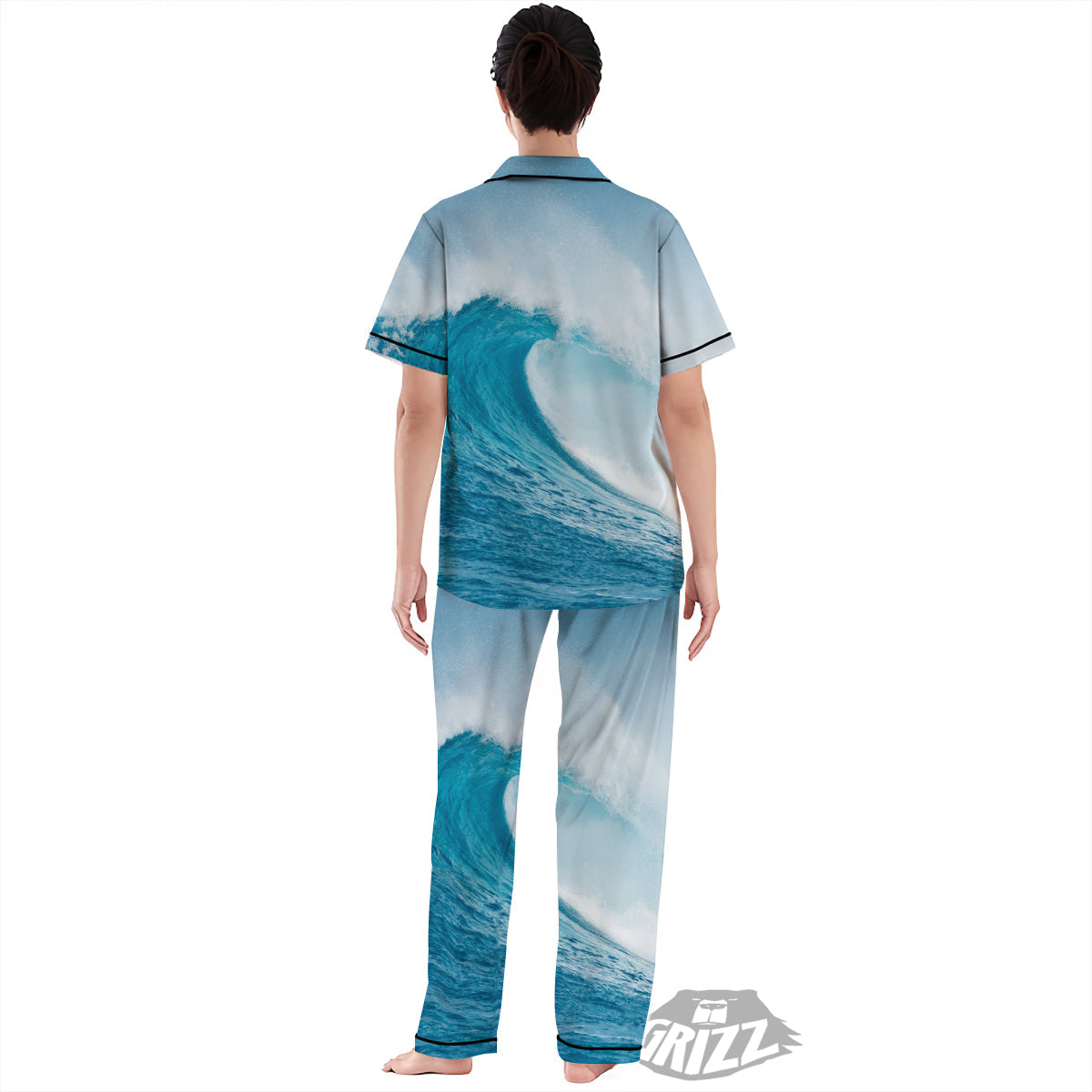 Blue Ocean Wave Print Women's Pajamas Set-grizzshop