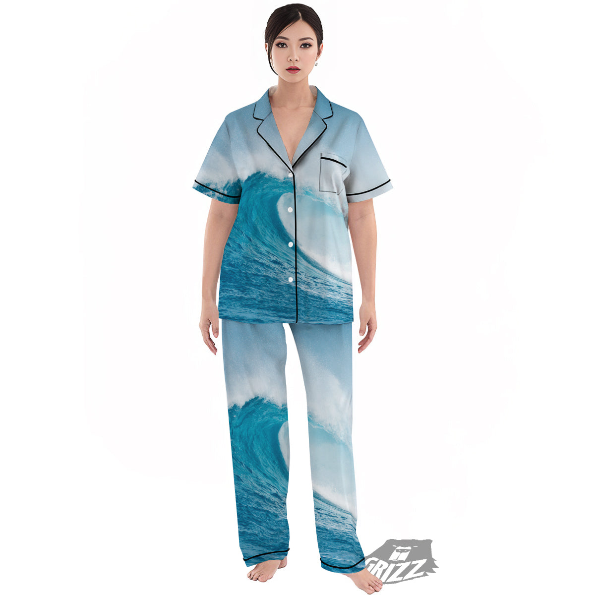 Blue Ocean Wave Print Women's Pajamas Set-grizzshop