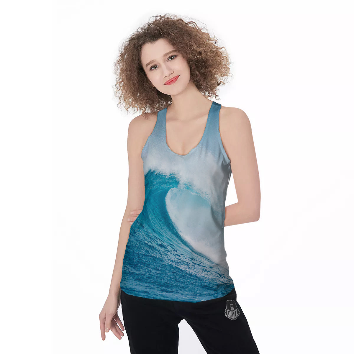 Blue Ocean Wave Print Women's Racerback Tank Top-grizzshop