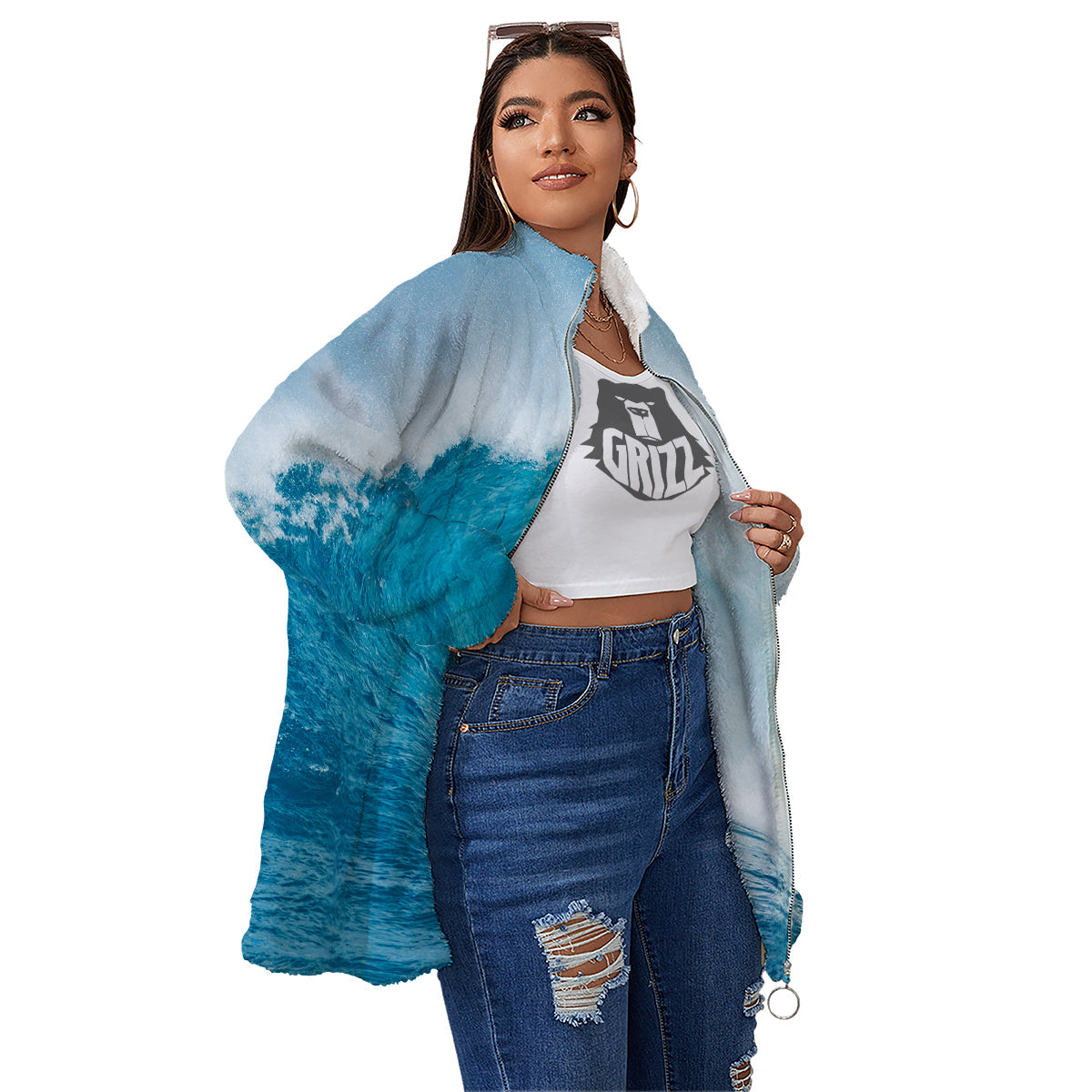 Blue Ocean Wave Print Women's Sherpa Jacket-grizzshop