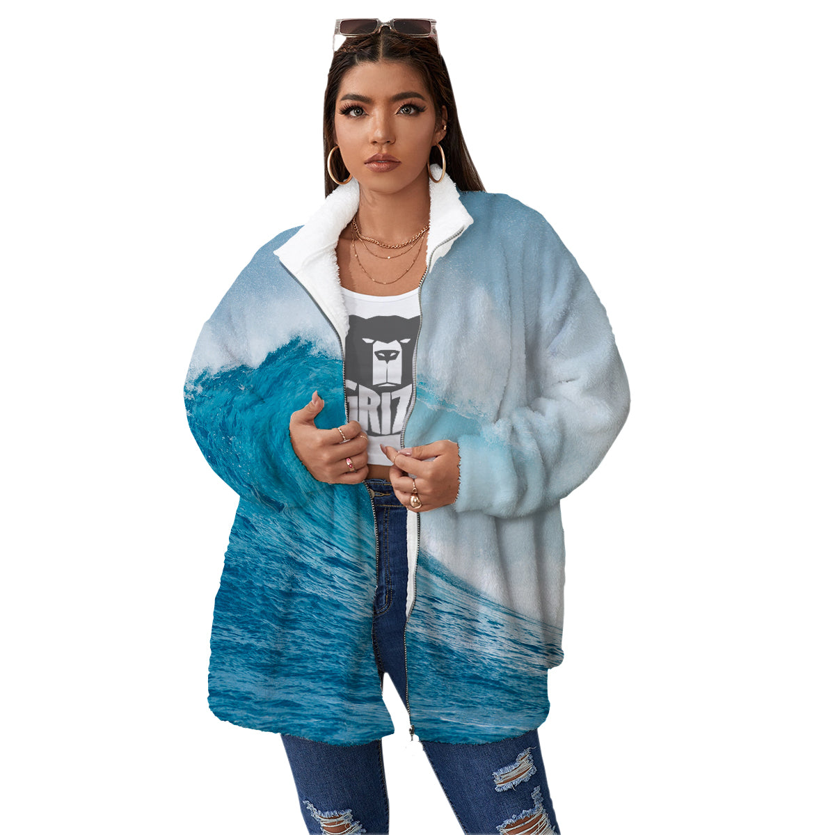 Blue Ocean Wave Print Women's Sherpa Jacket-grizzshop