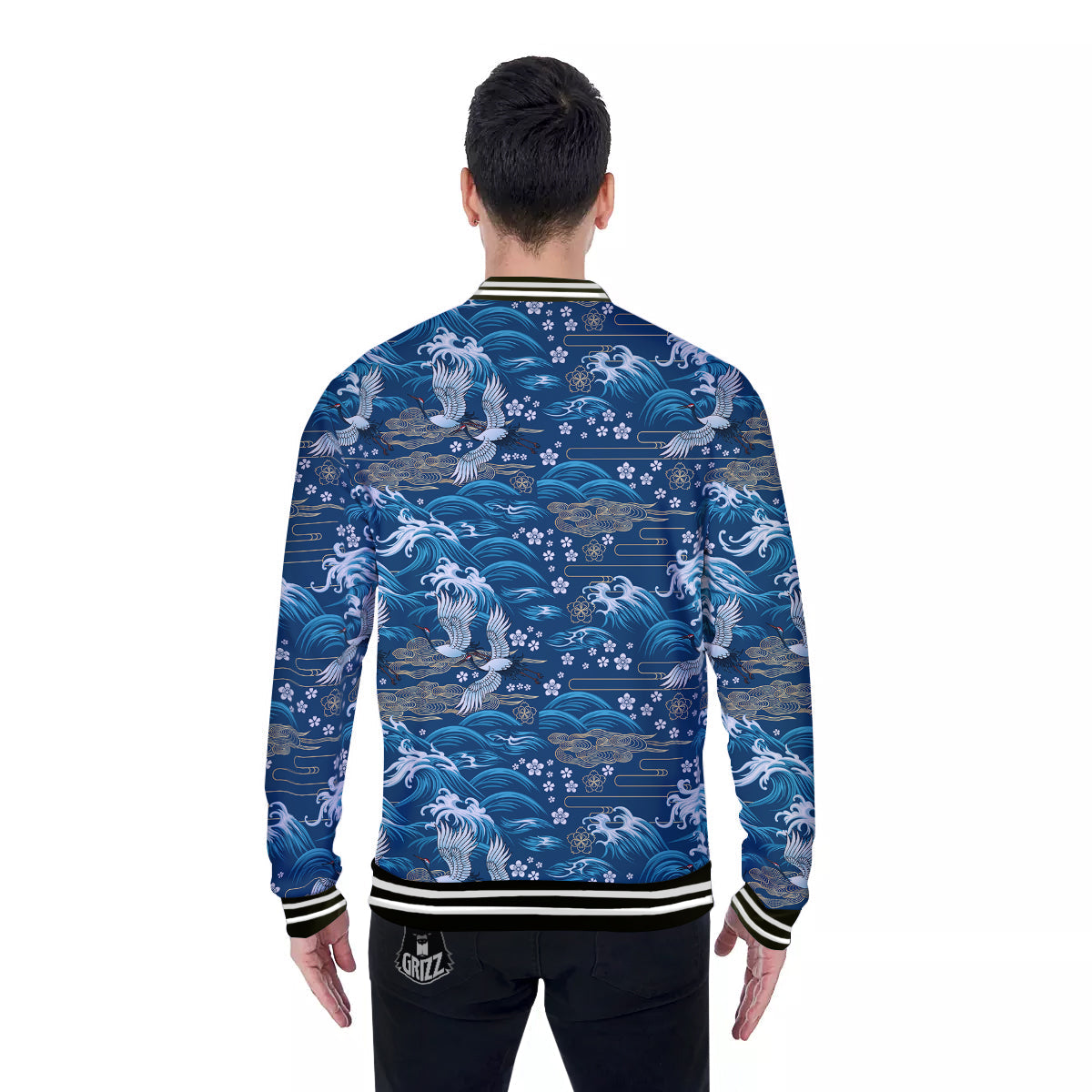 Blue Oriental Sea Print Pattern Baseball Jacket-grizzshop
