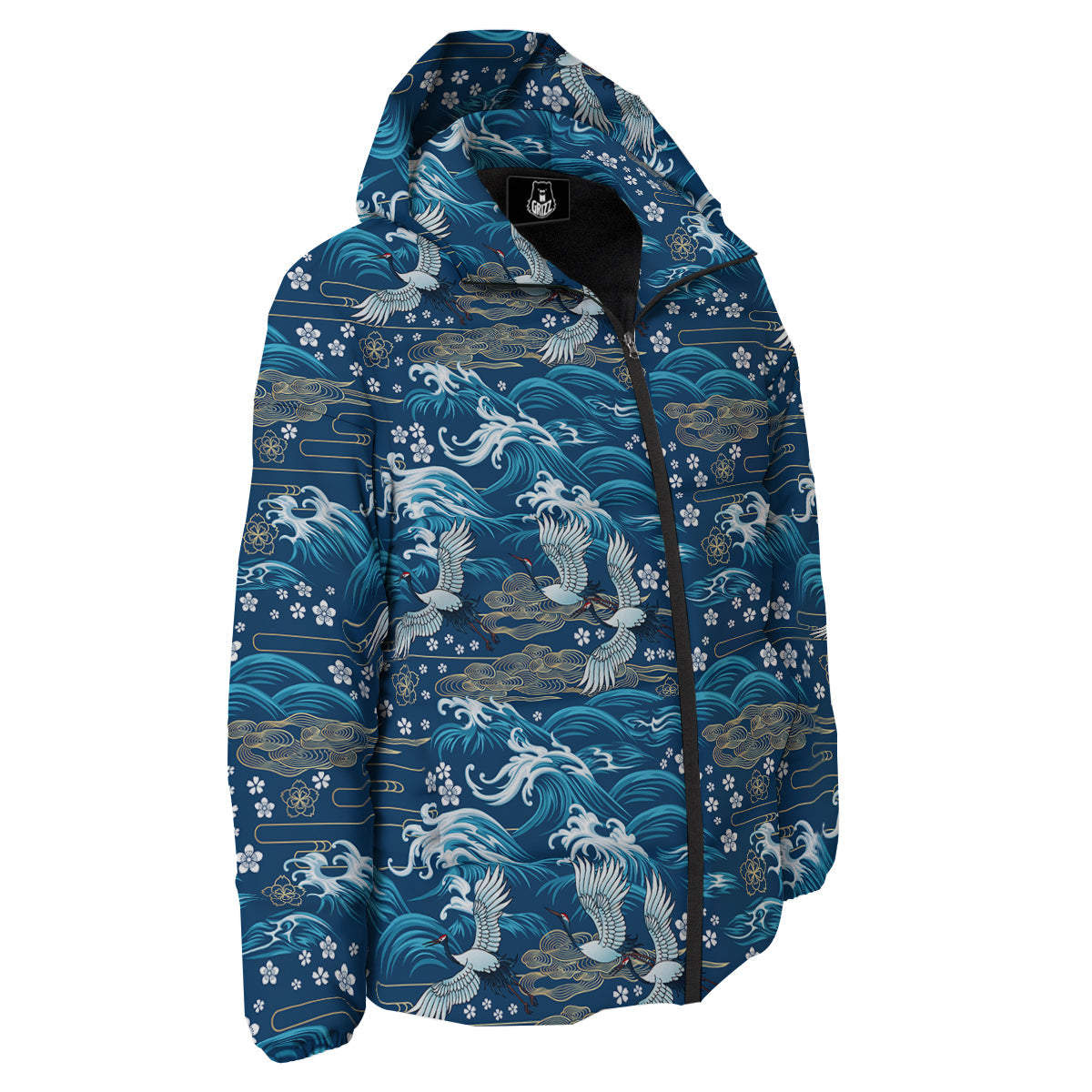 Blue Oriental Sea Print Pattern Down Jacket-grizzshop