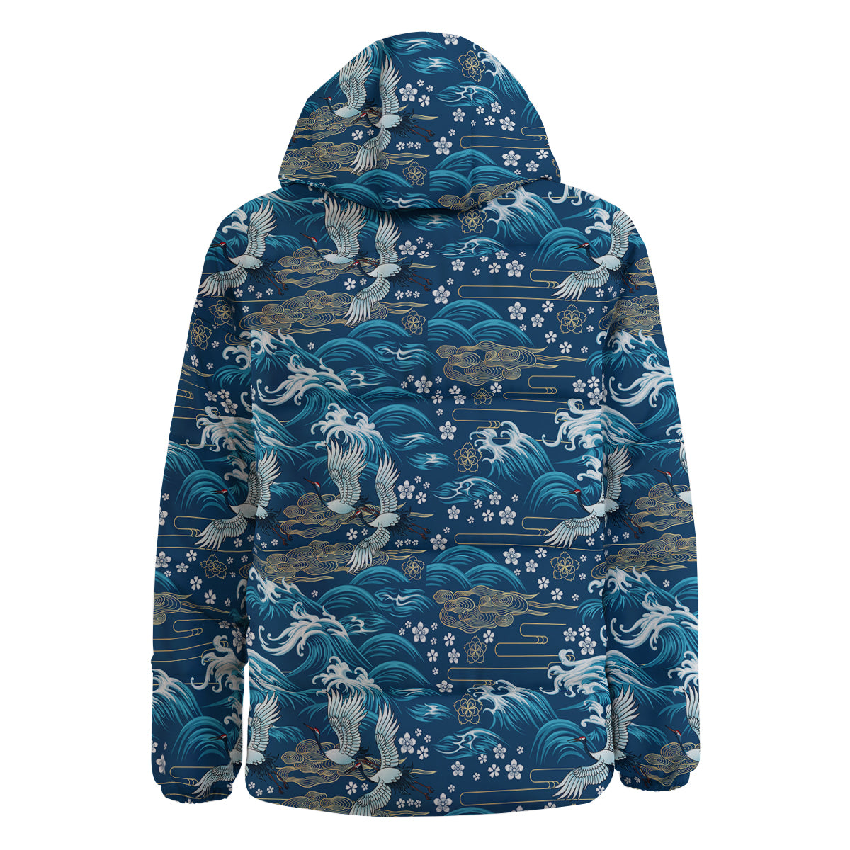 Blue Oriental Sea Print Pattern Down Jacket-grizzshop