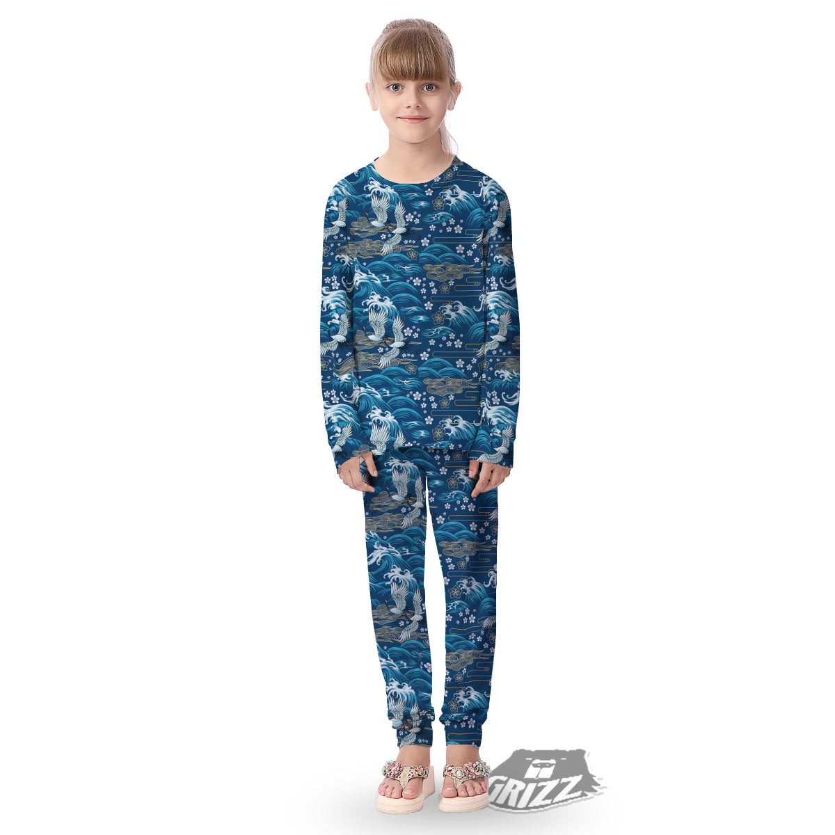 Blue Oriental Sea Print Pattern Kid's Pajamas-grizzshop