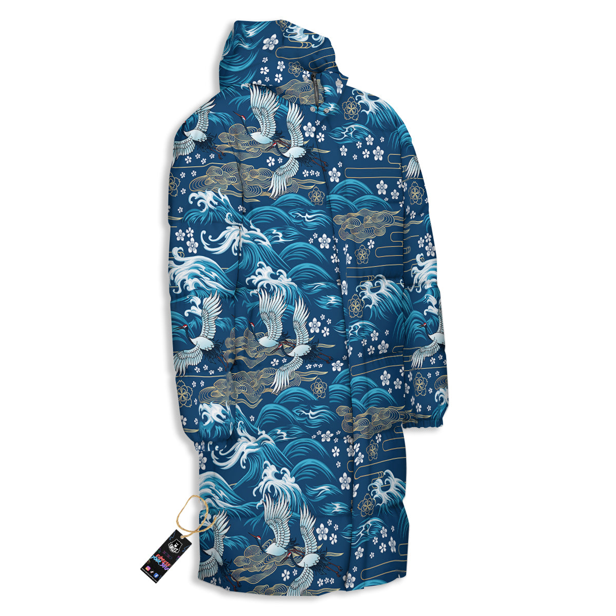 Blue Oriental Sea Print Pattern Long Down Jacket-grizzshop