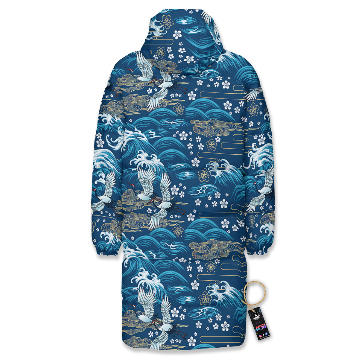 Blue Oriental Sea Print Pattern Long Down Jacket-grizzshop