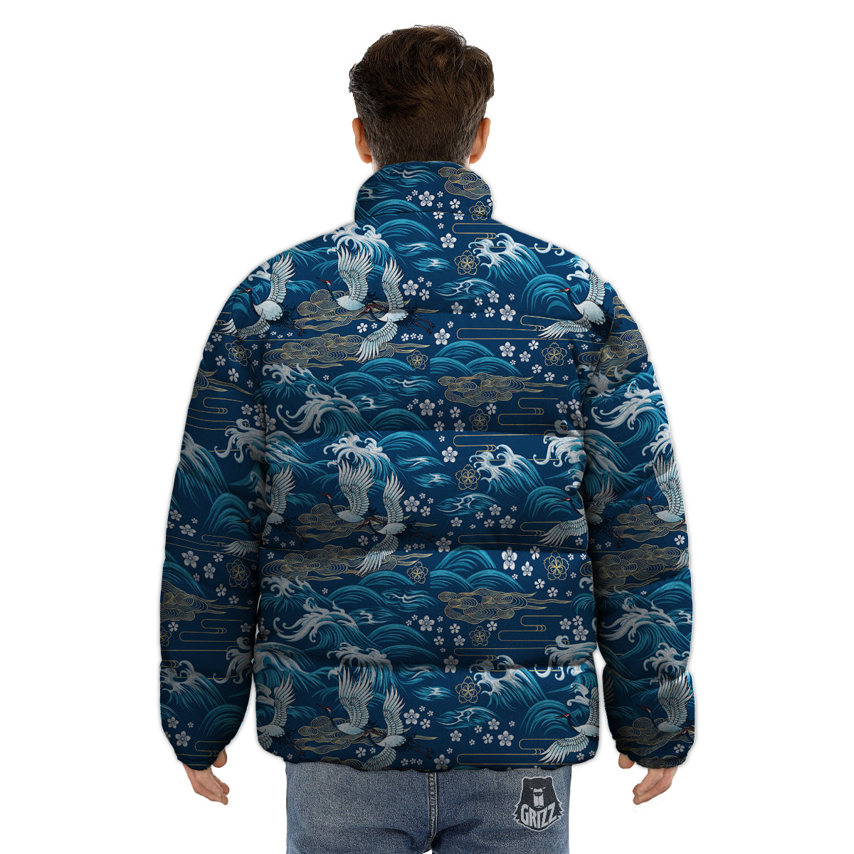 Blue Oriental Sea Print Pattern Puffer Jacket-grizzshop