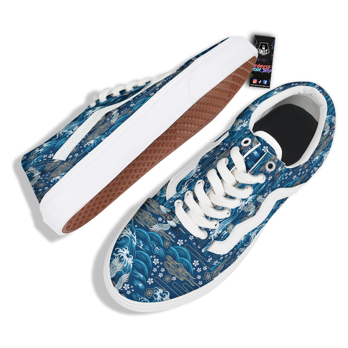 Blue Oriental Sea Print Pattern Skate Shoes-grizzshop