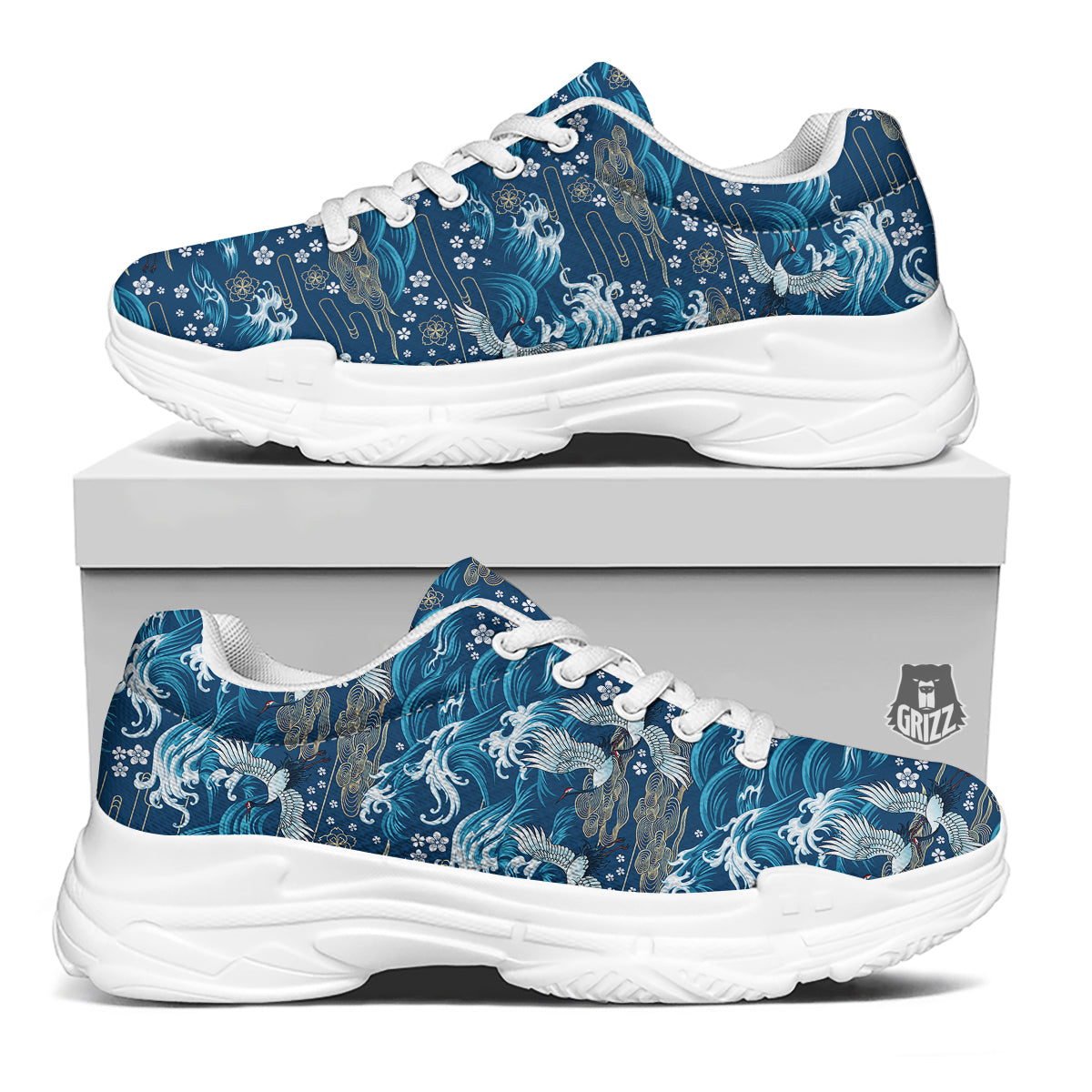 Blue Oriental Sea Print Pattern White Chunky Shoes-grizzshop