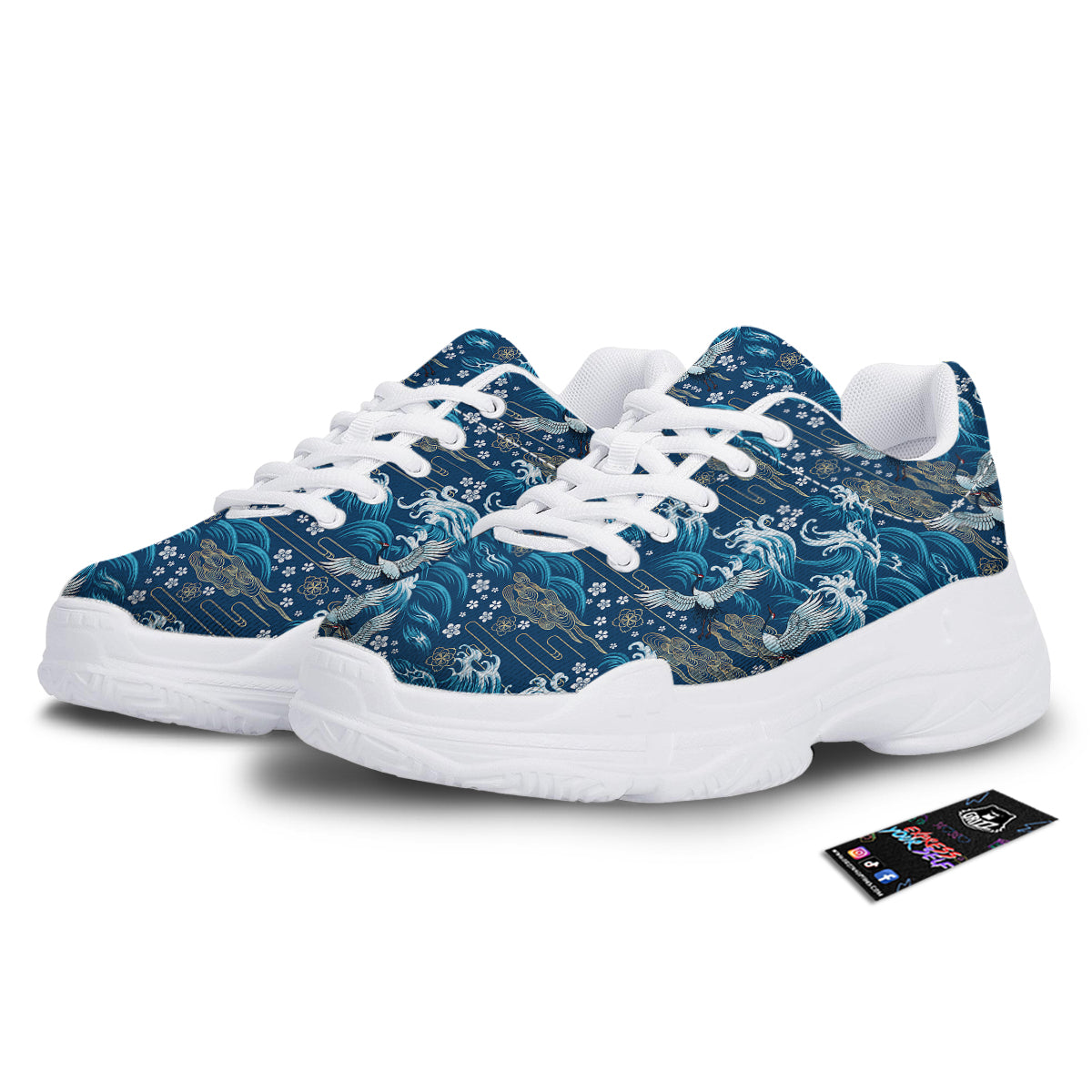 Blue Oriental Sea Print Pattern White Chunky Shoes-grizzshop