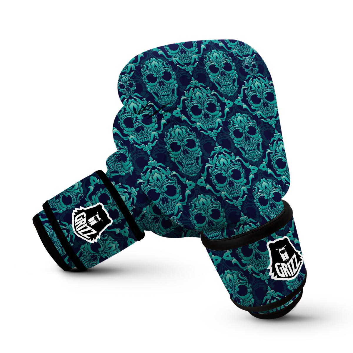 Blue Ornamental Skull Boxing Gloves-grizzshop