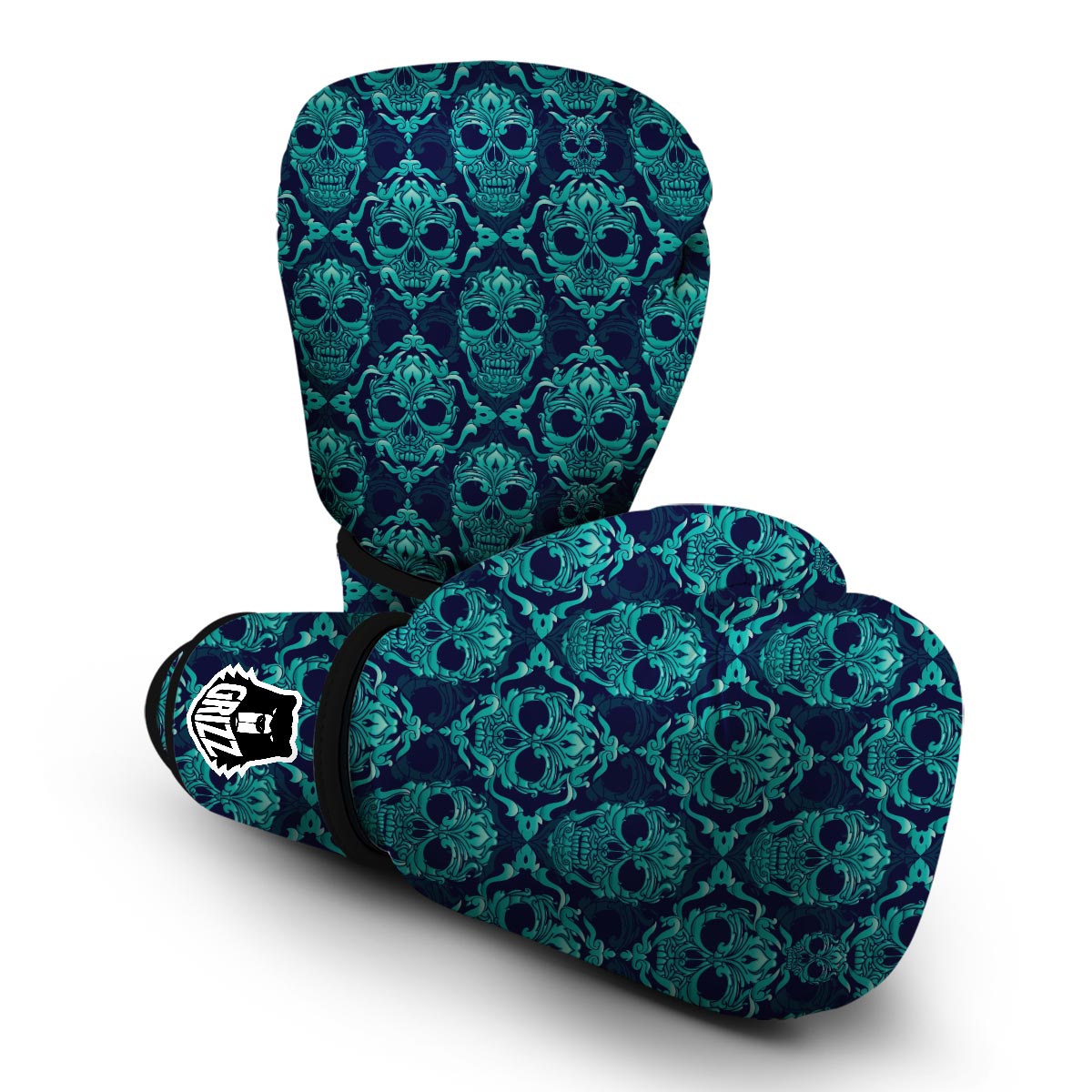 Blue Ornamental Skull Boxing Gloves-grizzshop