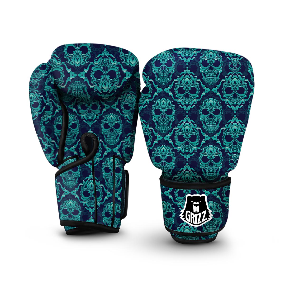 Blue Ornamental Skull Boxing Gloves-grizzshop