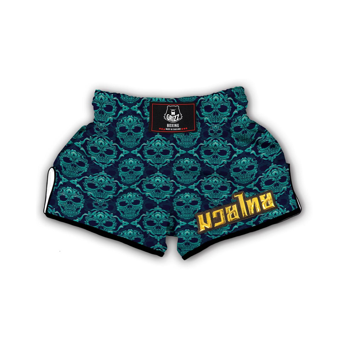 Blue Ornamental Skull Muay Thai Boxing Shorts-grizzshop