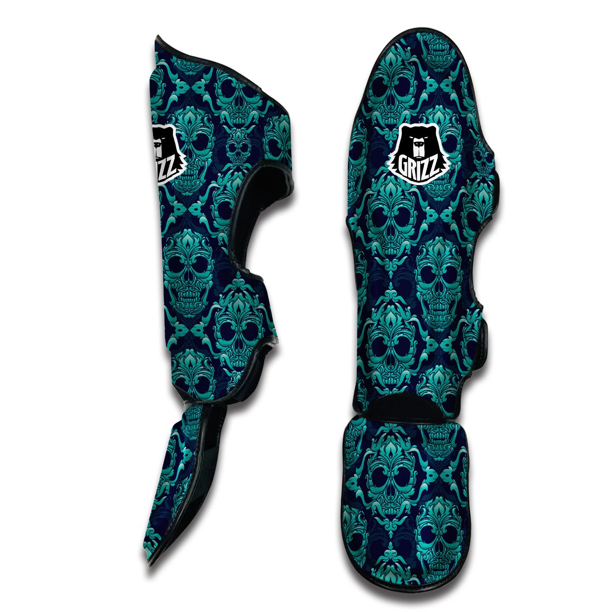 Blue Ornamental Skull Muay Thai Shin Guards-grizzshop